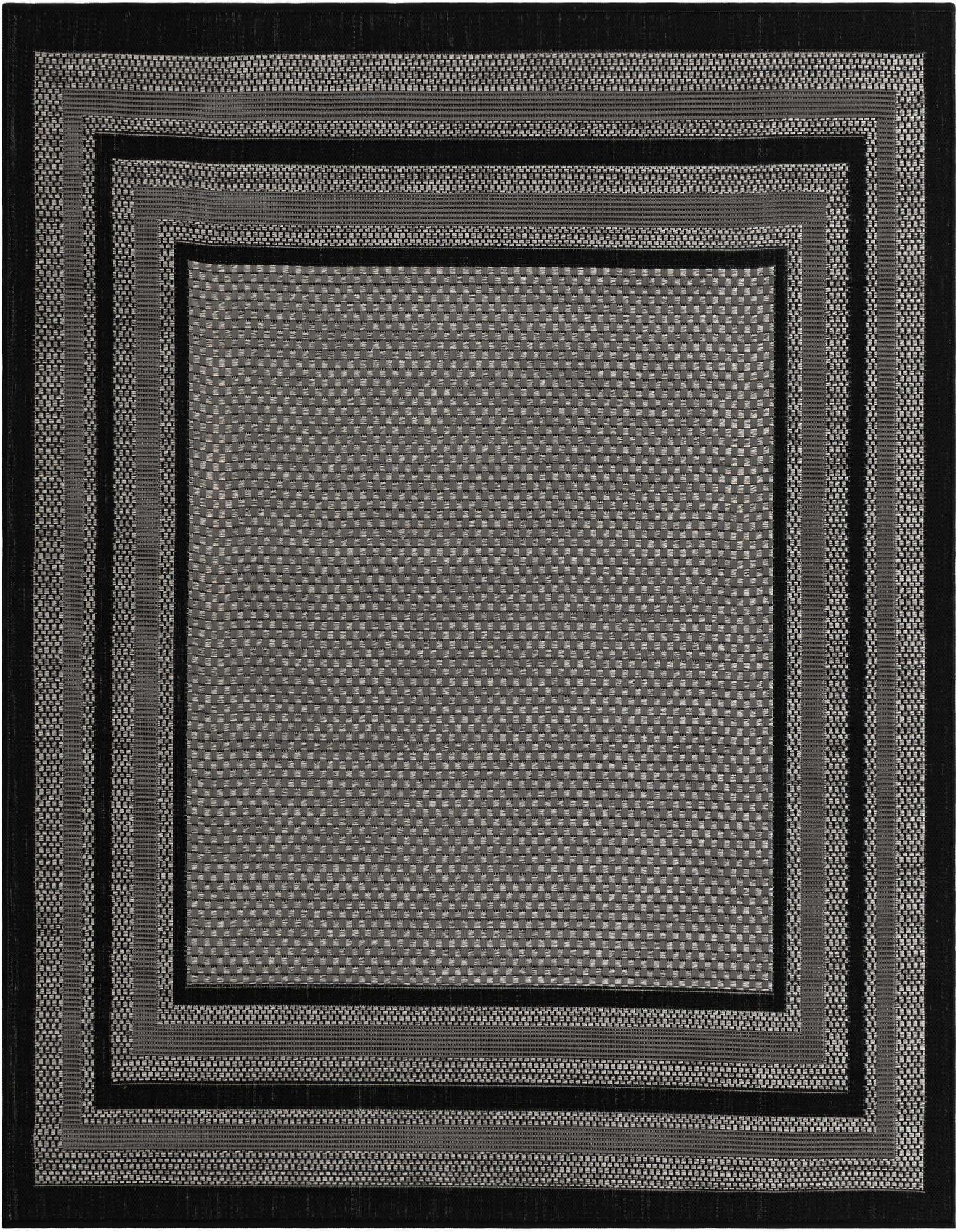 A 6'x6' square gray and black modern flatweave rug with a textured border pattern, suitable for indoor or outdoor use.