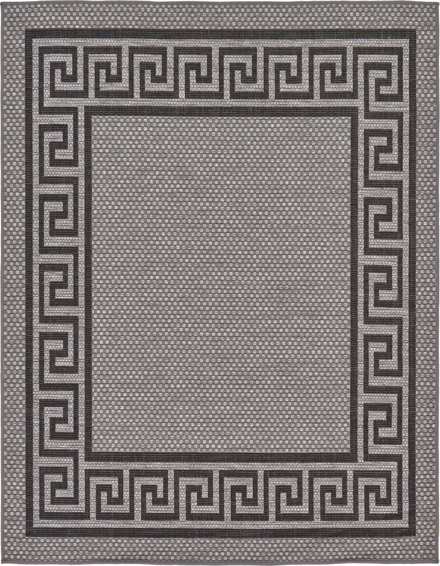 A 6'x6' square gray indoor/outdoor rug with a dark gray Greek key border pattern, featuring a flatweave texture.
