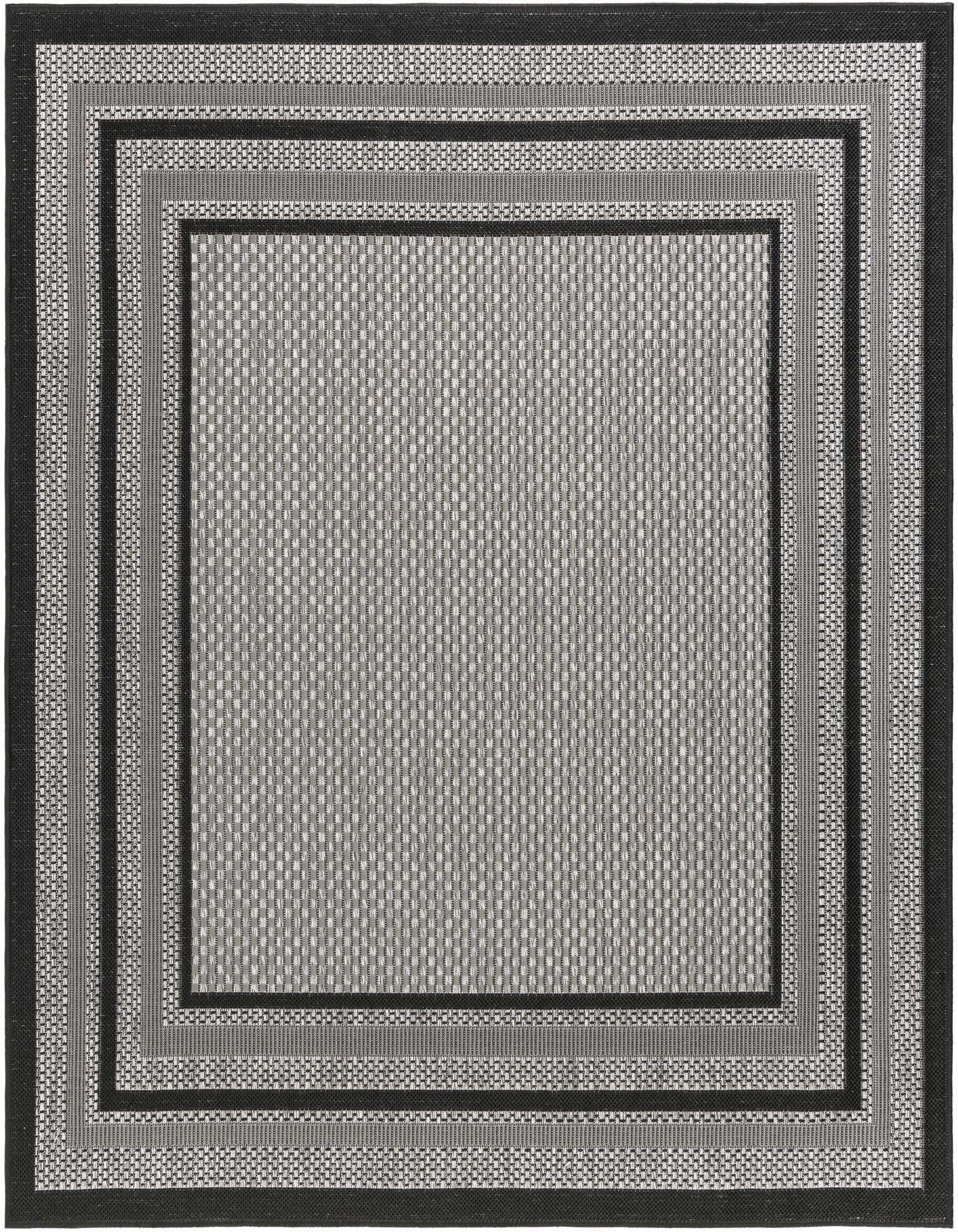 A 5' 3 x 5' 3 square gray indoor/outdoor rug with a modern solid border design, suitable for a patio.