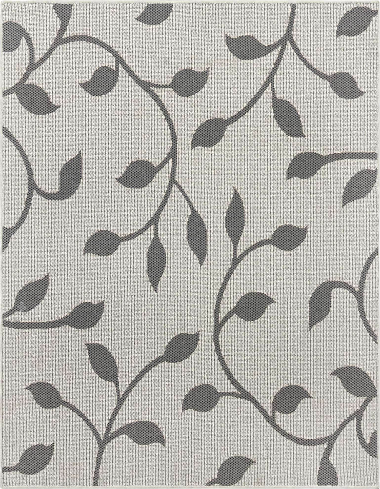 A 6x6 square gray indoor/outdoor rug with a modern botanical leaf pattern, suitable for a patio.