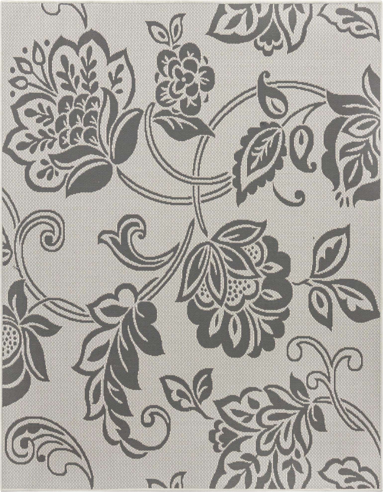 A 6' 0 x 6' 0 square gray indoor/outdoor rug with a traditional botanical floral pattern, ideal for a patio.