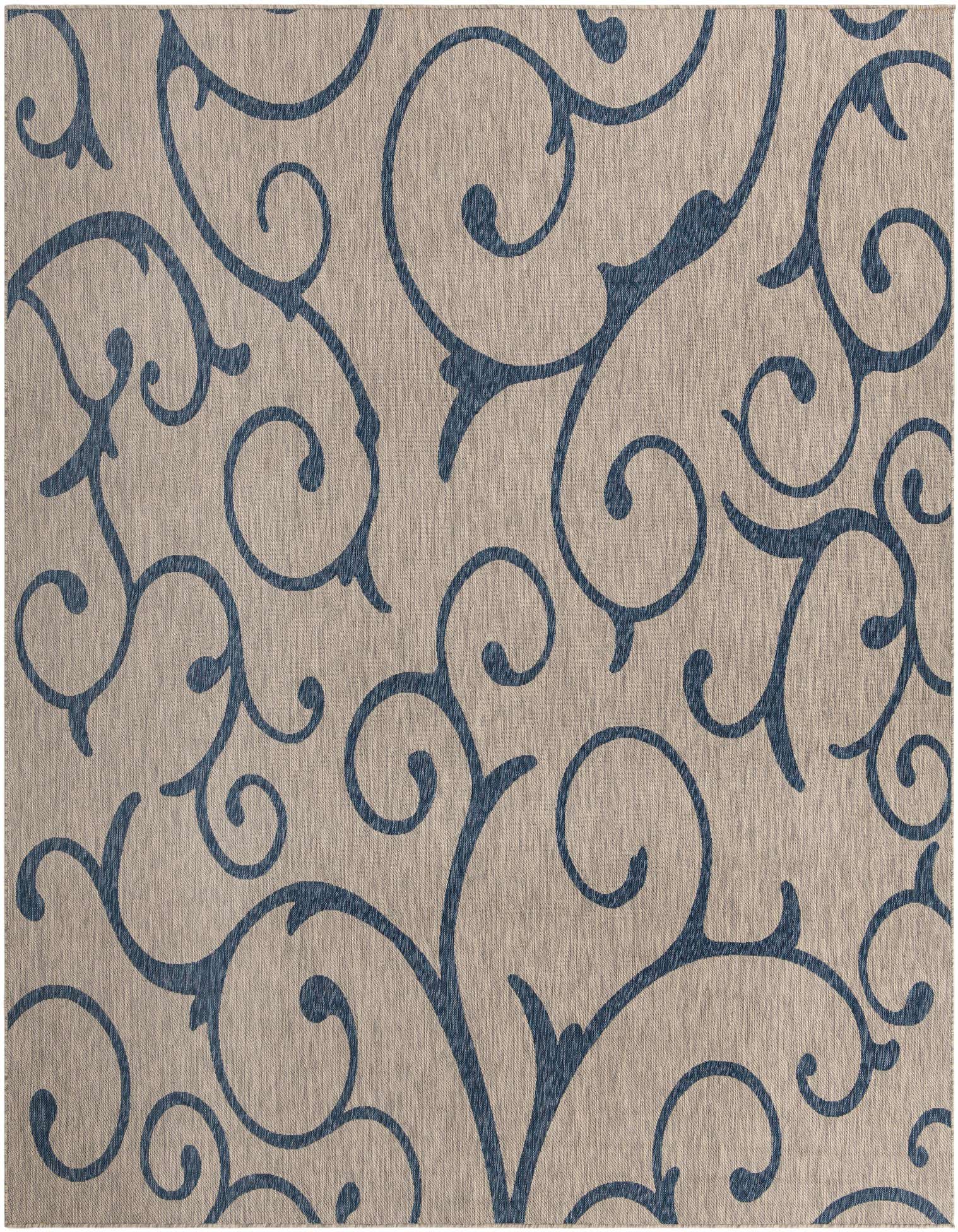 A 10' 8 x 10' 8 square gray indoor/outdoor rug with a repeating navy blue botanical scroll pattern.