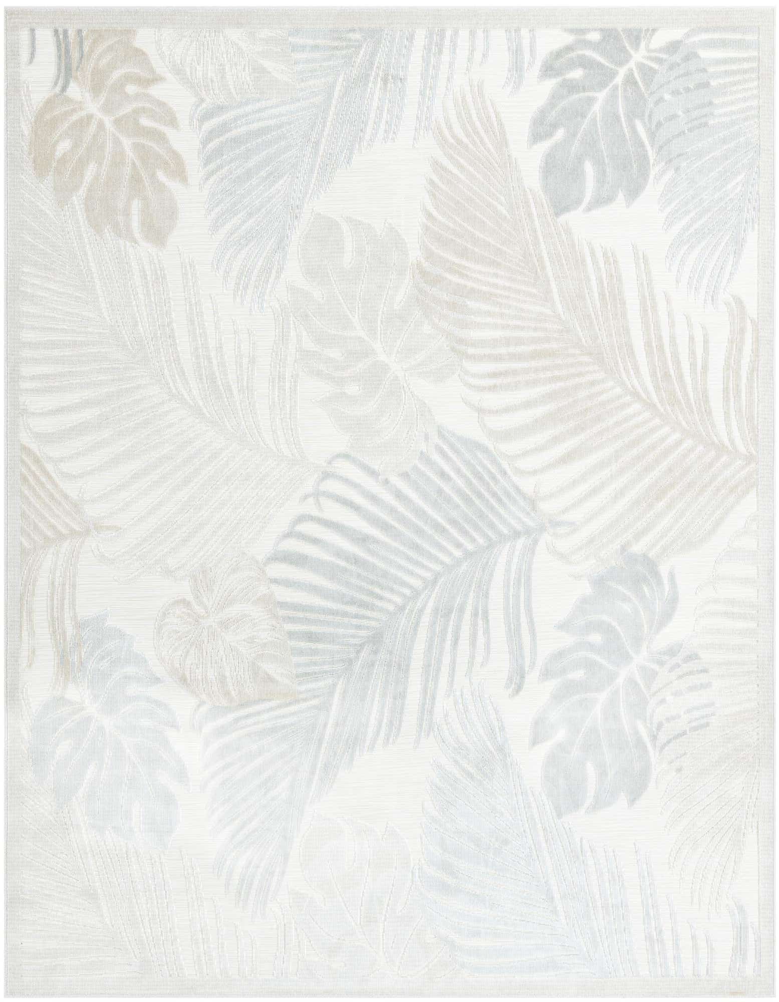 A square gray and silver tropical rug featuring a subtle pattern of large monstera and palm leaves, ideal for a patio.