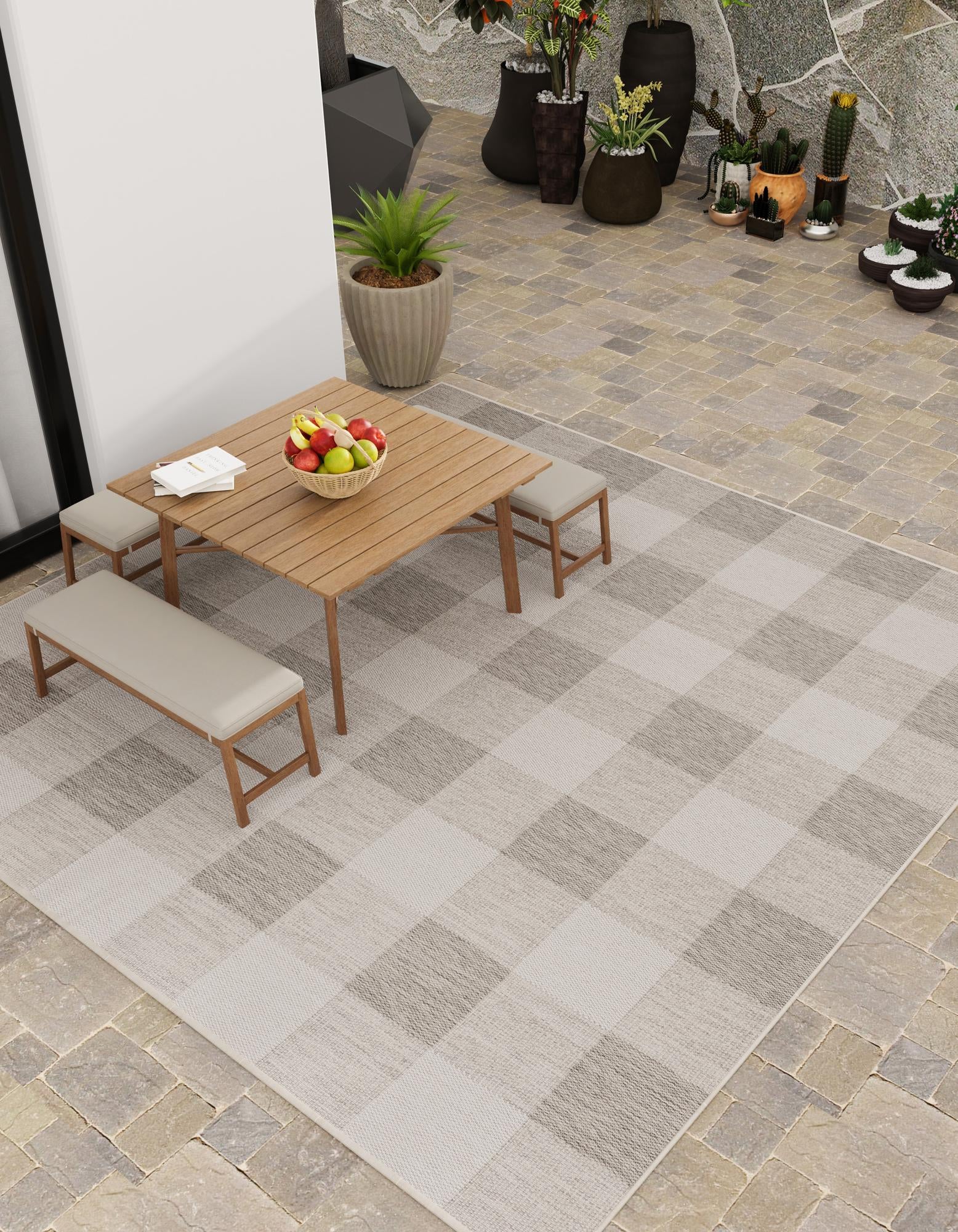 Gray 10' x 10' Checkered Indoor / Outdoor Square Rug | Rugs.com