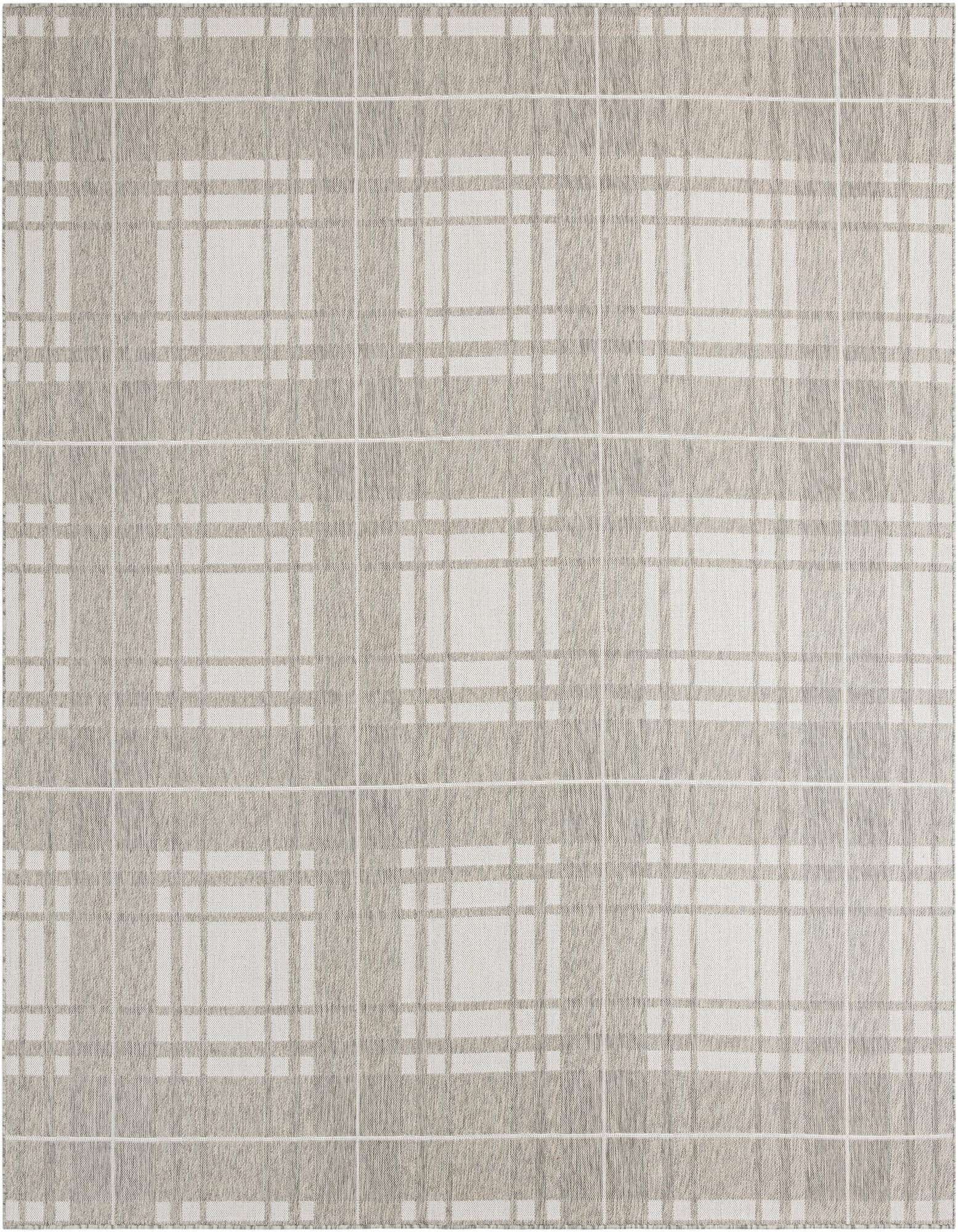 A 10'x10' square gray and silver modern plaid rug with a flatweave texture, suitable for indoor or outdoor use.