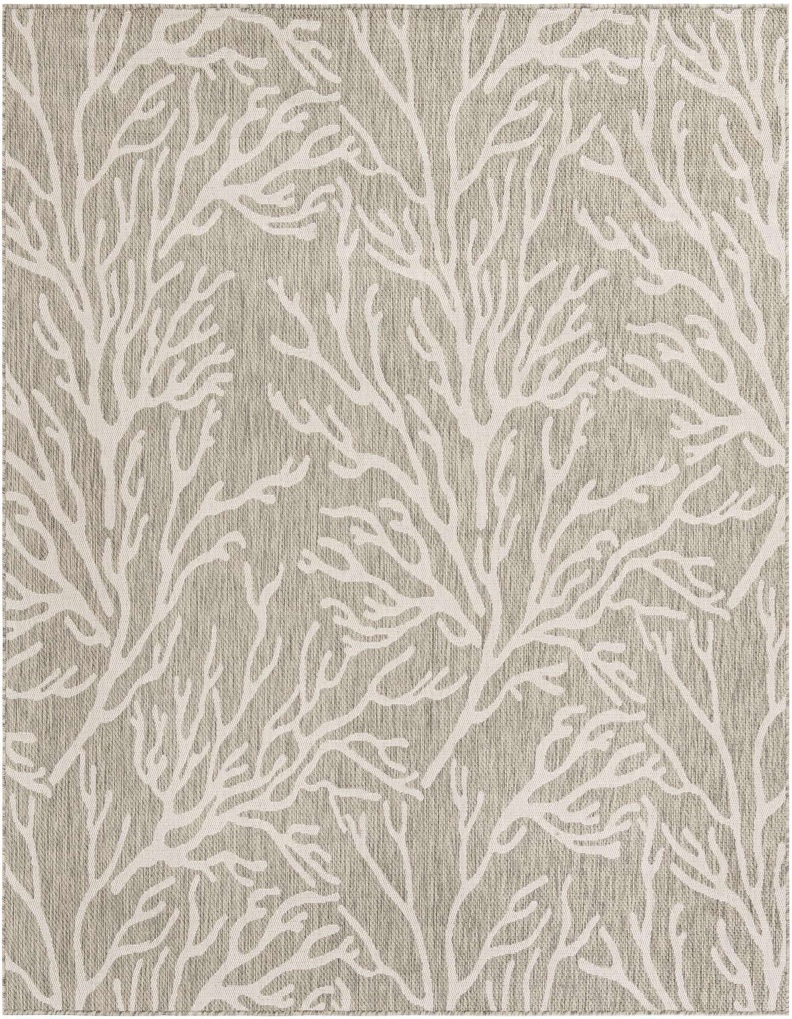 A 7' 10 x 7' 10 square gray indoor/outdoor rug with a white coral branch pattern, ideal for a patio.