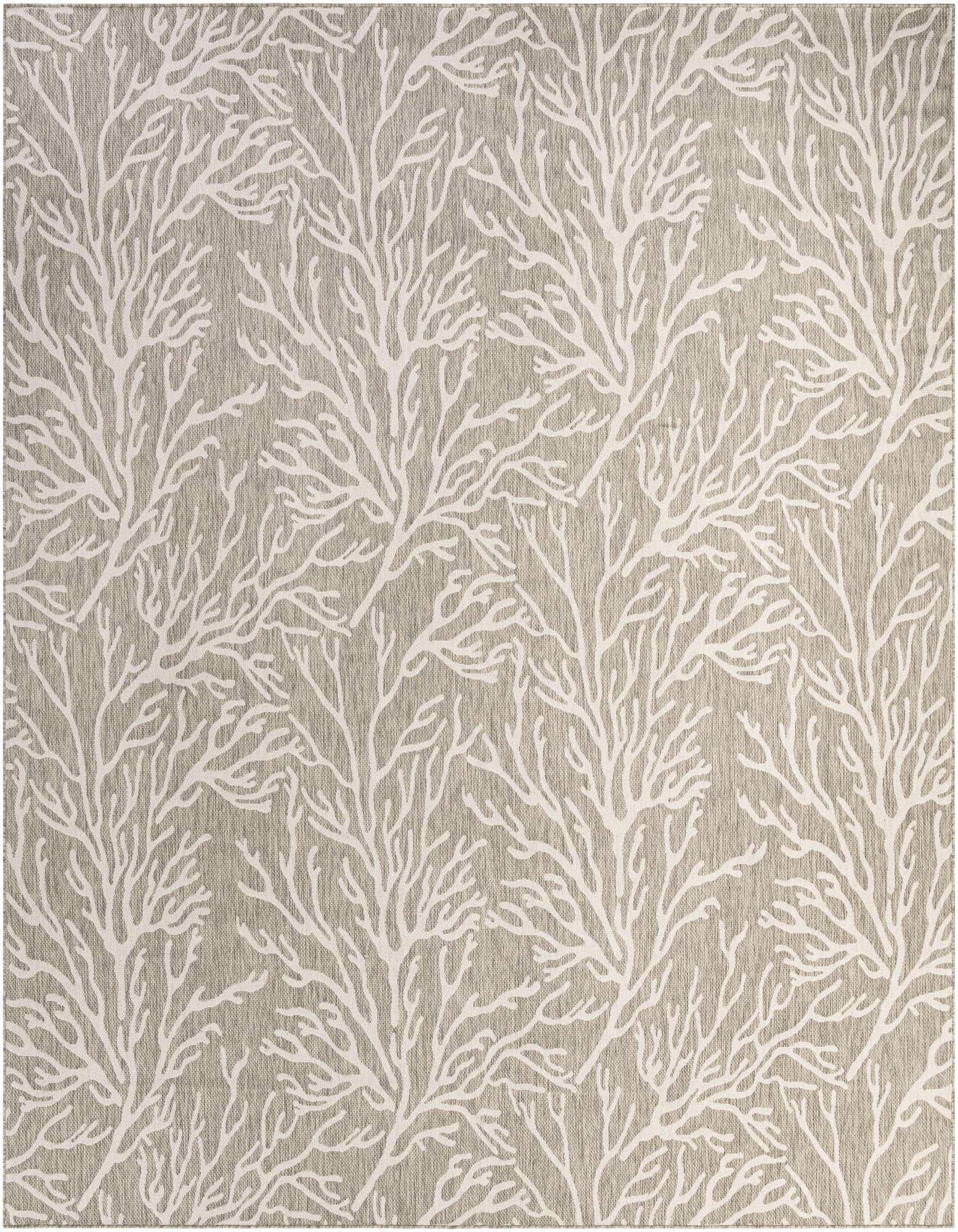 A 13' square gray indoor/outdoor rug with a modern white botanical coral pattern, ideal for a patio.