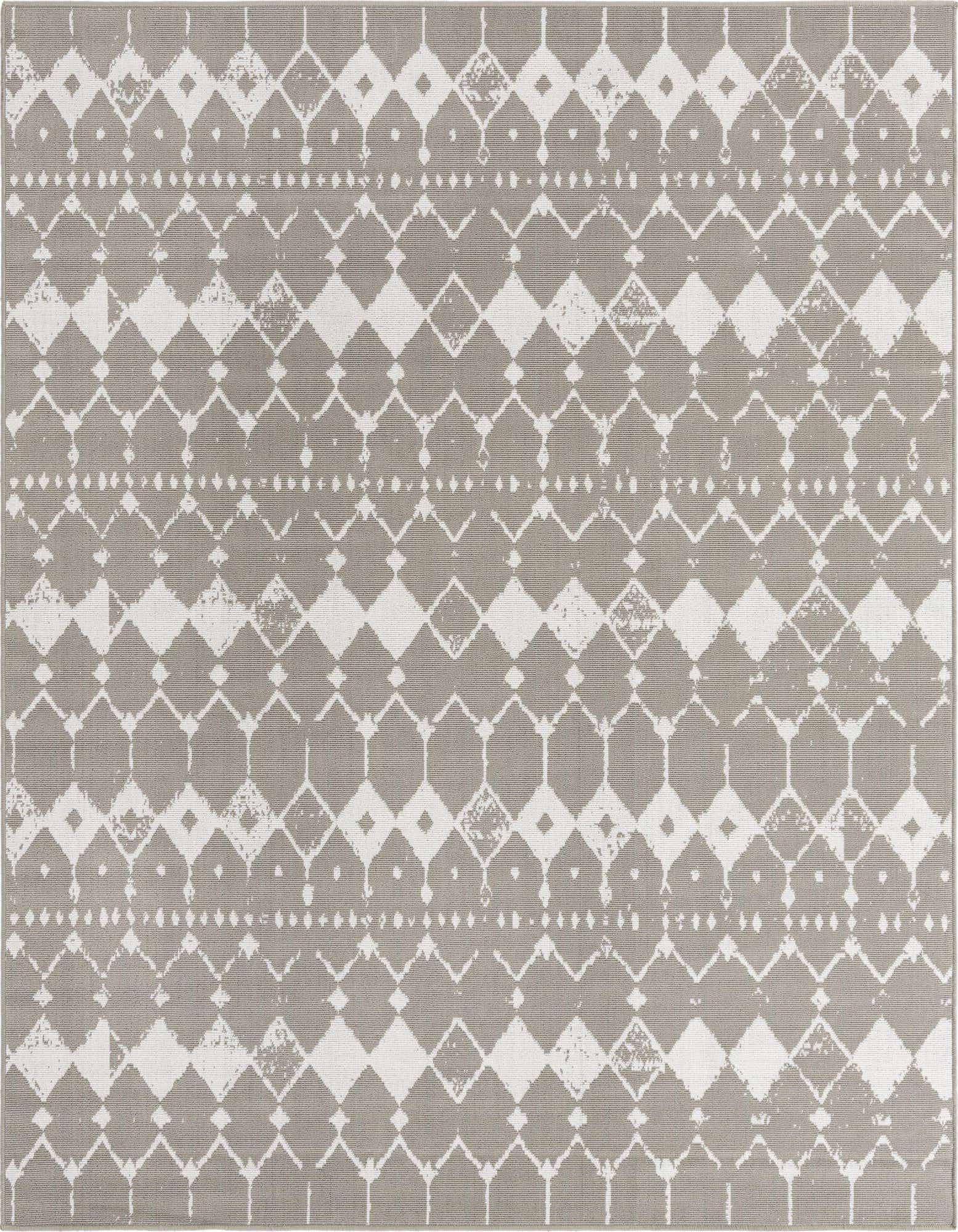 A 7' 10 x 7' 10 square gray and white outdoor rug with a distressed transitional geometric lattice pattern.