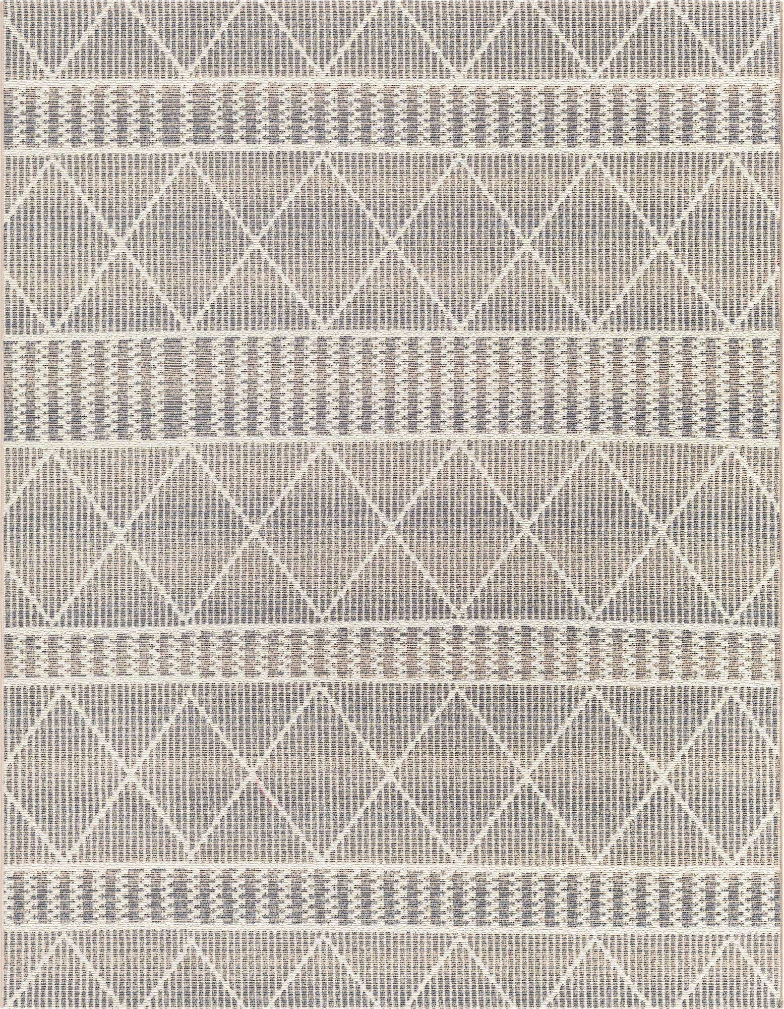 A 6x6 square gray and silver Bohemian flatweave rug with a tribal trellis pattern, suitable for indoor or outdoor use.