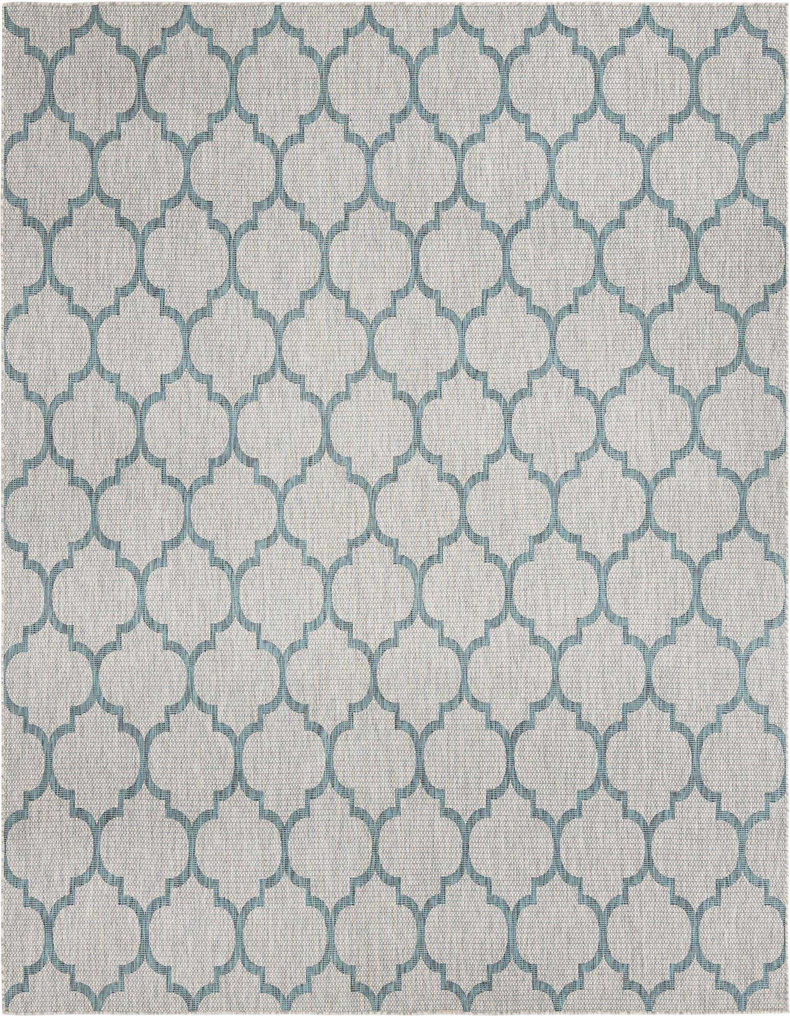 A 10' 8 x 10' 8 square gray and blue trellis pattern rug, ideal for indoor or outdoor use.