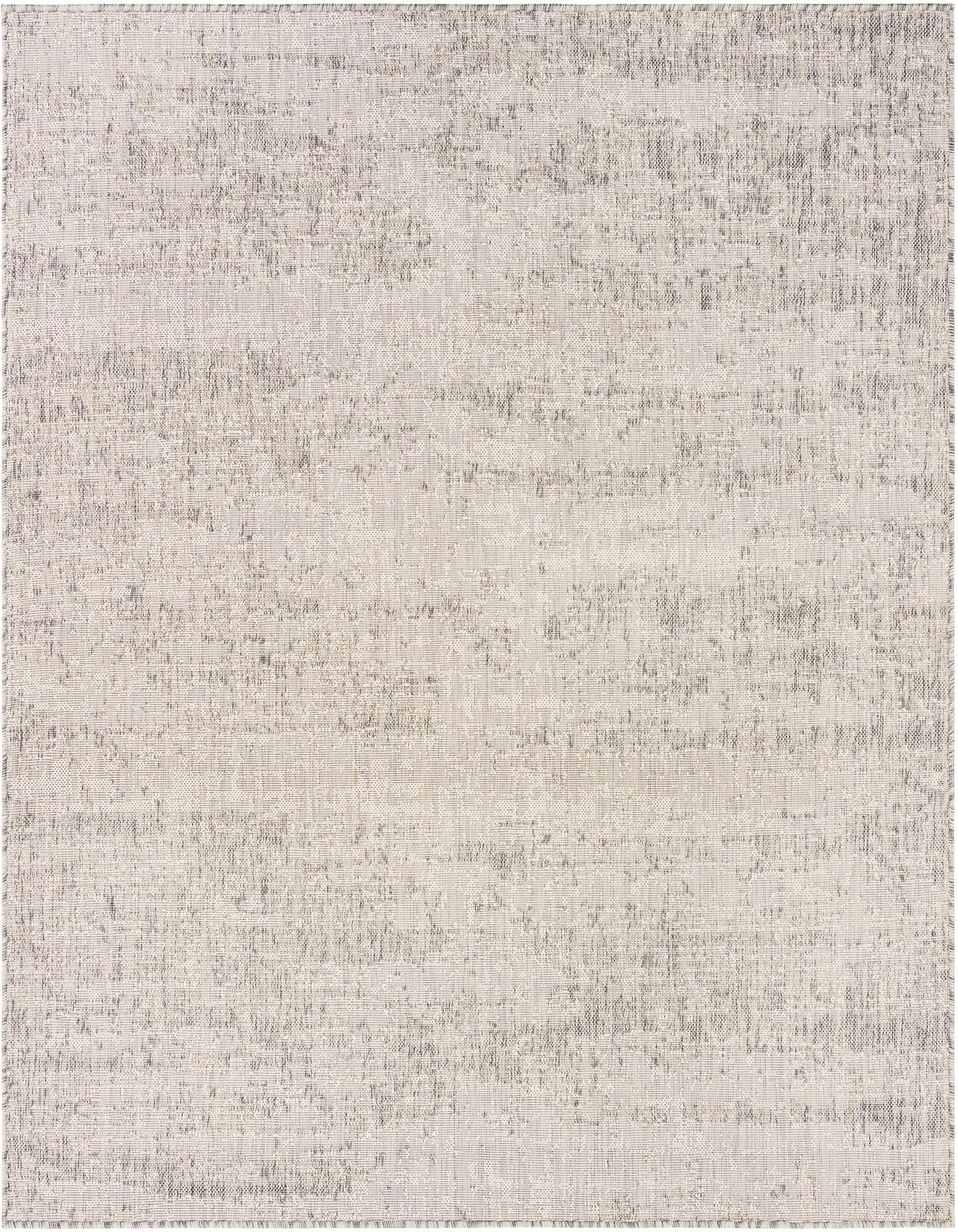 A 6'x6' square gray and silver modern flatweave rug with a subtle textured pattern, suitable for indoor or outdoor use.