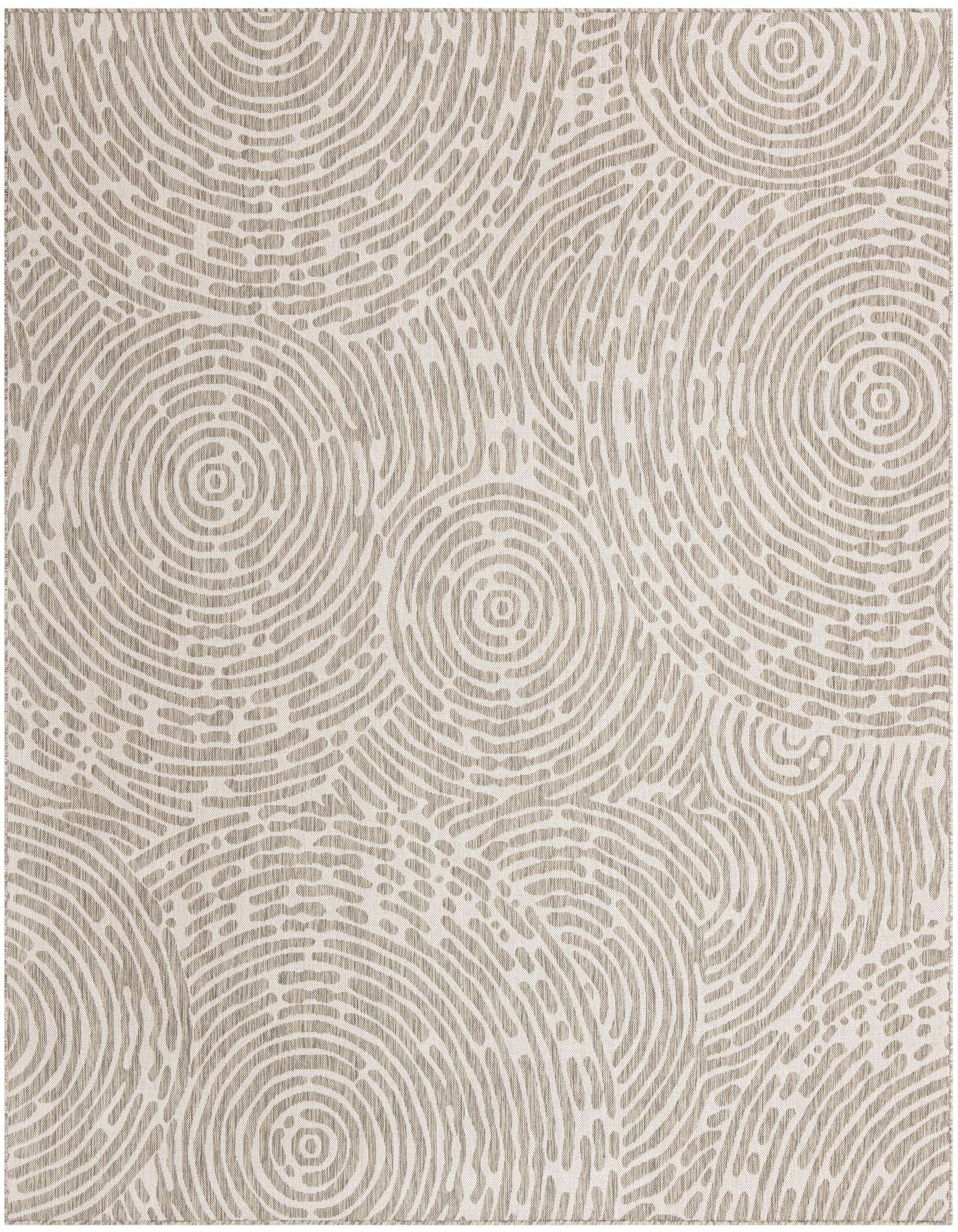 A 10'x10' square gray modern abstract rug with a textured circular pattern, suitable for indoor or outdoor use.