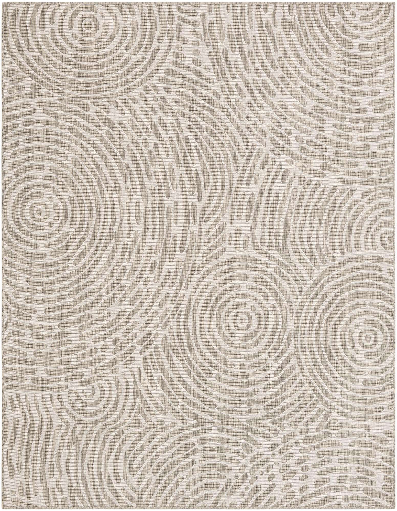 A 7' 10 x 7' 10 square gray indoor/outdoor rug with an abstract, modern circular and wavy pattern.