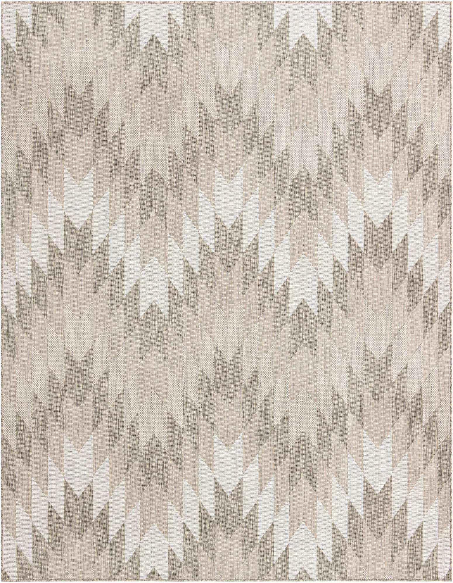 A 10'x10' square gray and silver tribal pattern rug with a modern chevron design, suitable for indoor or outdoor spaces.