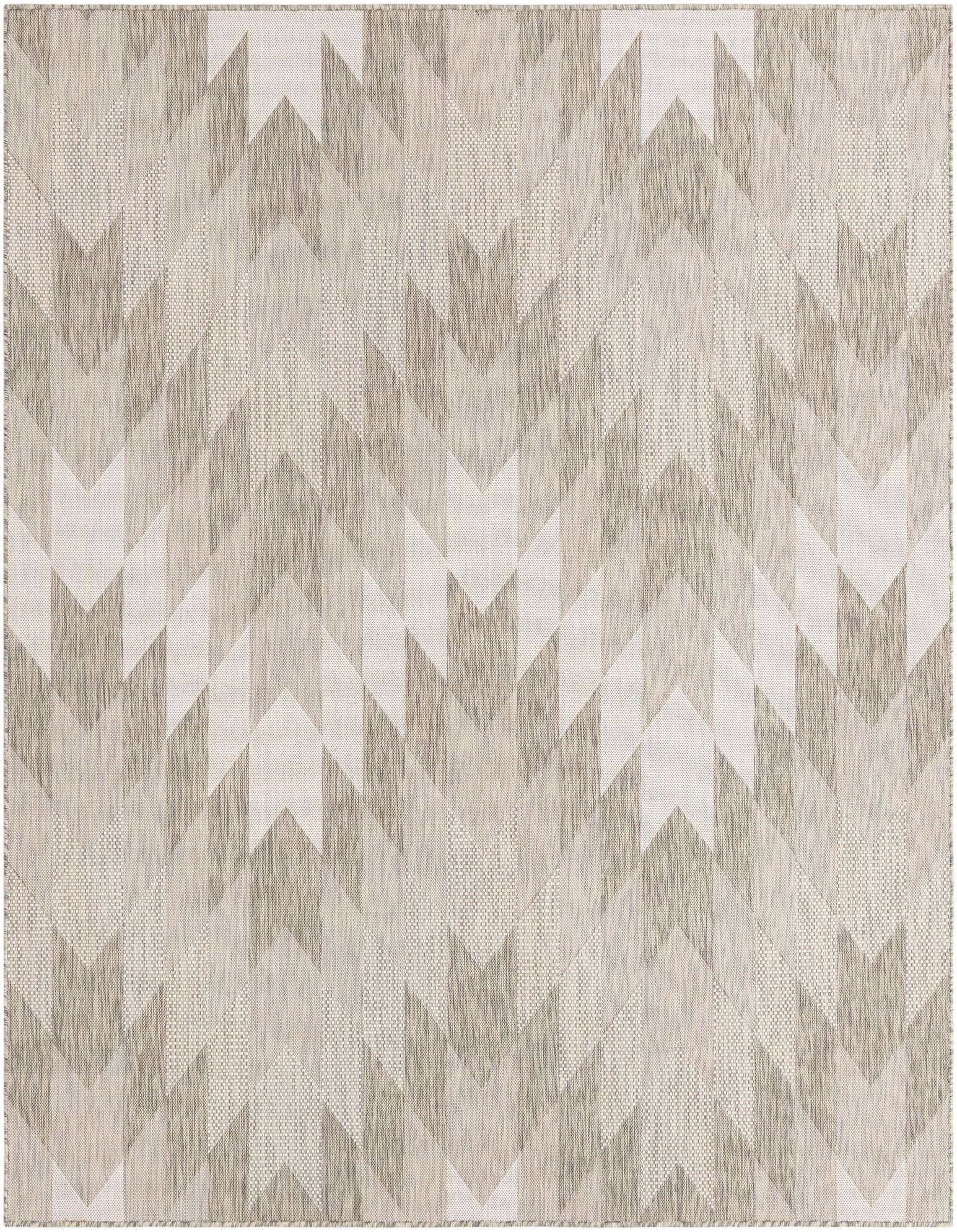 A 7' 10 x 7' 10 square gray tribal rug with a modern chevron and stripe pattern, suitable for indoor or outdoor use.