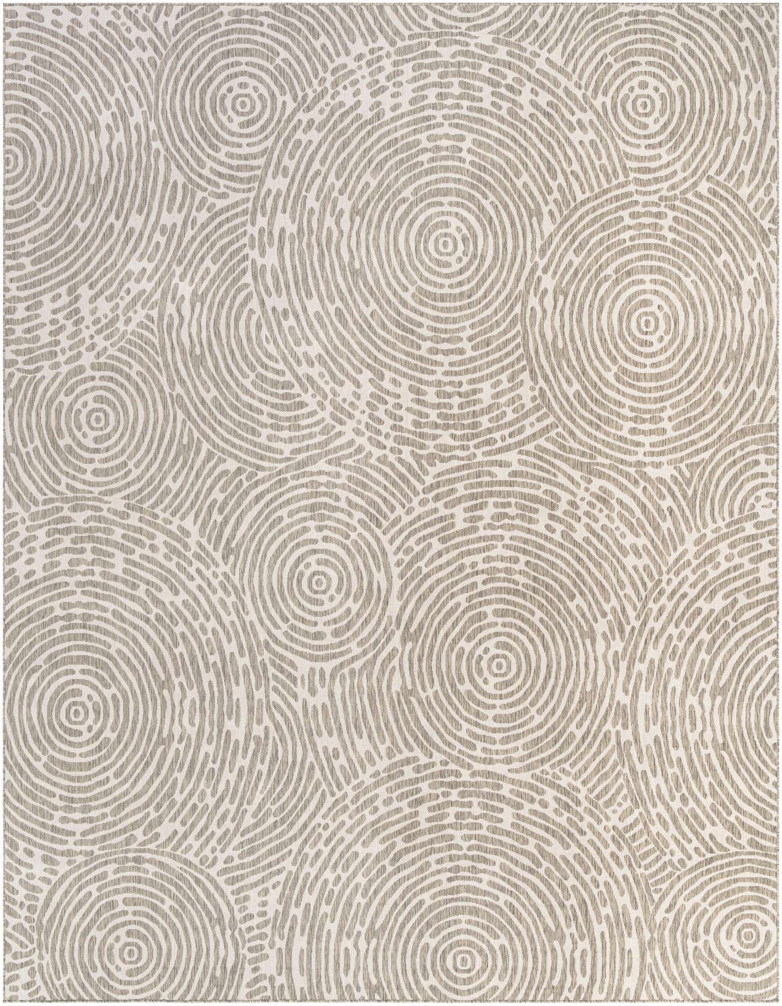 A square 13' 0 x 13' 0 gray modern indoor/outdoor rug with an abstract circular pattern.