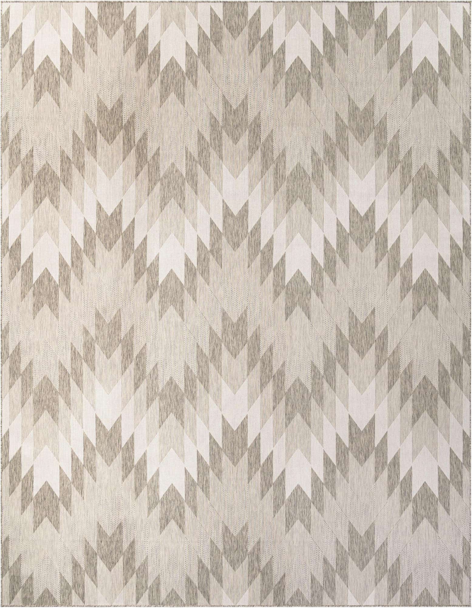 A 13' square gray modern outdoor rug with a geometric chevron pattern in varying shades of gray, suitable for a patio.