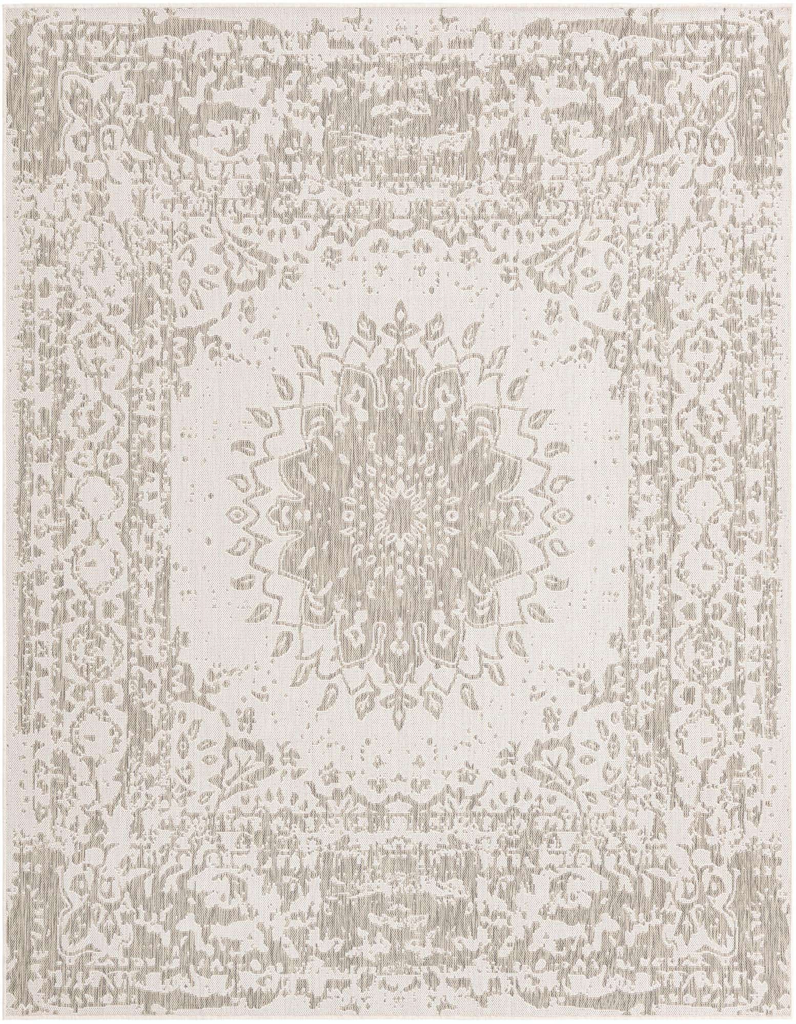 A 7' 10 x 7' 10 square gray indoor/outdoor rug with a distressed traditional medallion pattern, ideal for a patio.