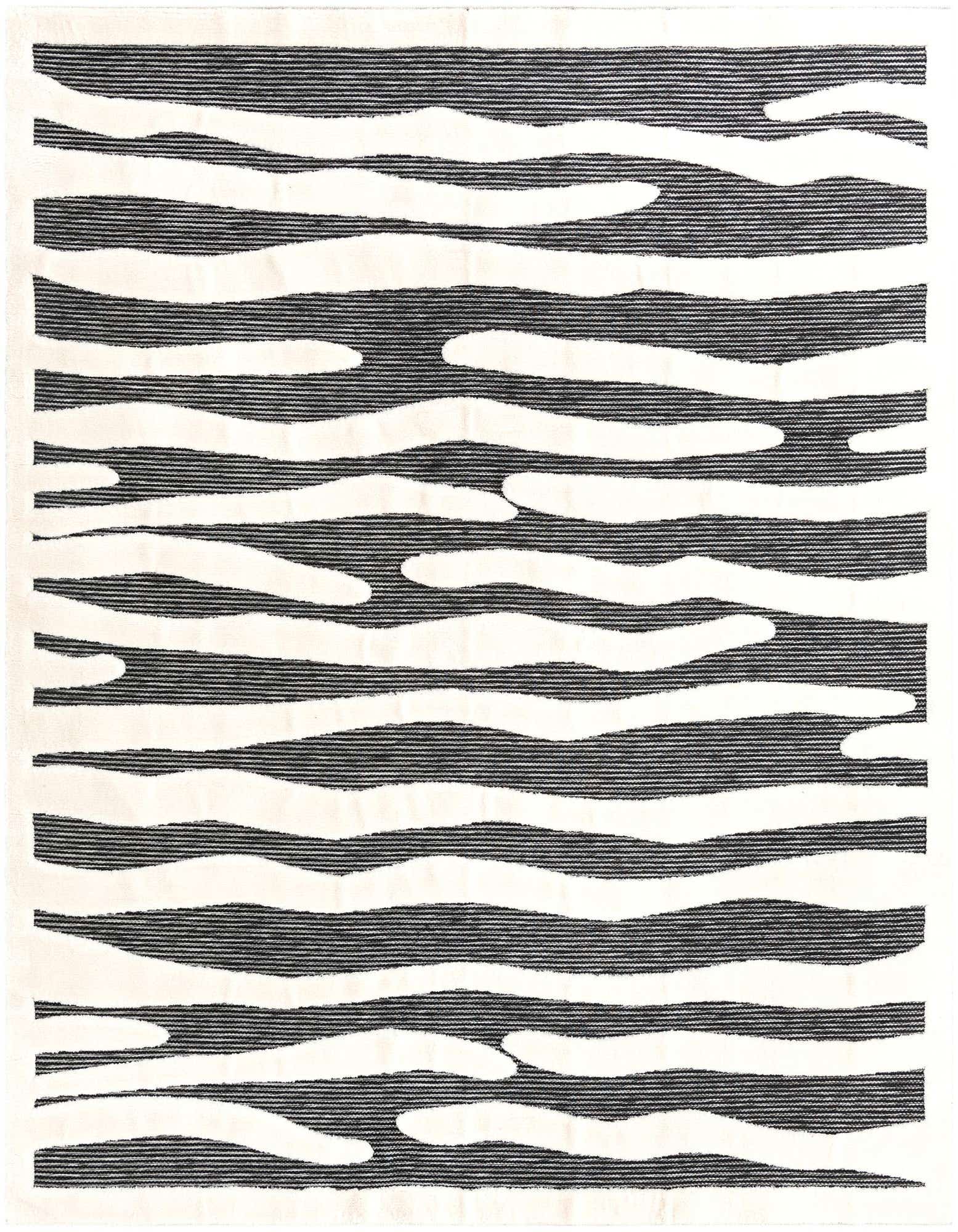 A 10' 0 x 10' 0 square gray and white rug with a wavy, striped pattern, suitable for a modern living space.