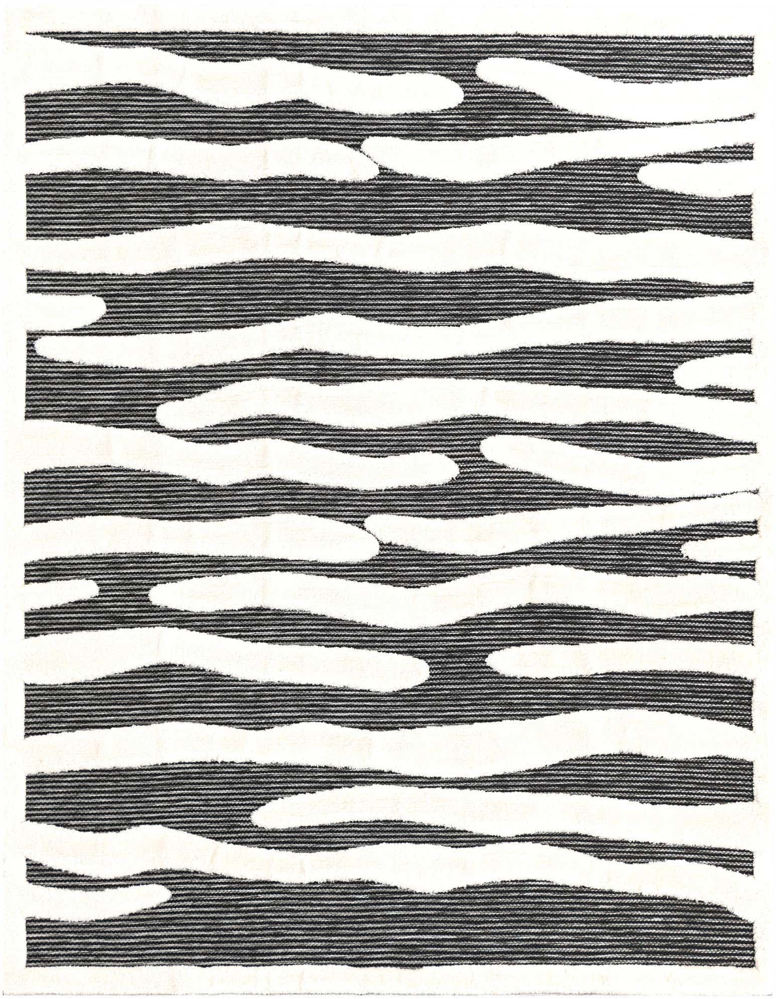 A square 7' 10 x 7' 10 gray and white area rug featuring a modern abstract wavy stripe pattern, ideal for a contemporary living space.