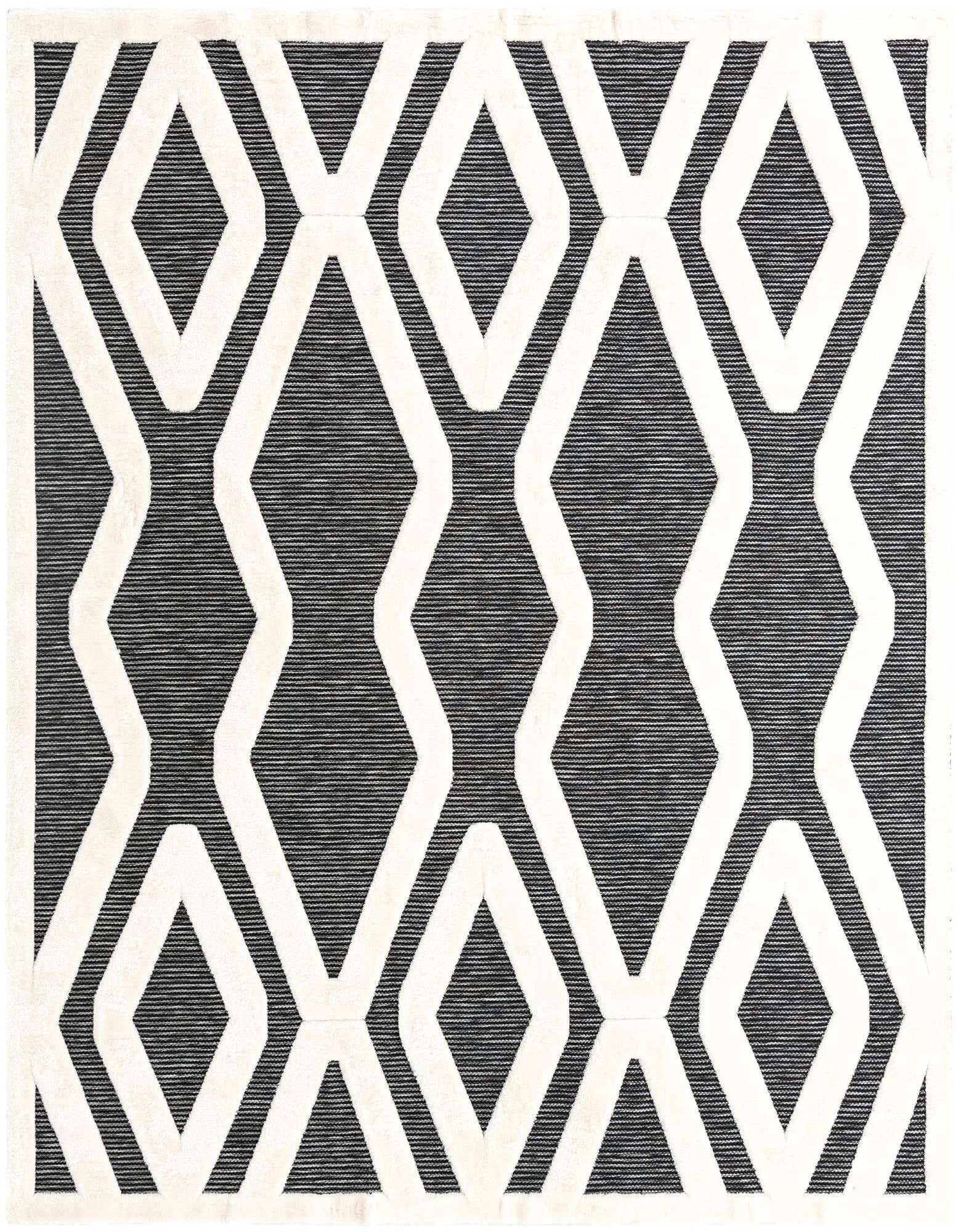 A 10'x10' square gray and off-white rug with a bold geometric diamond pattern, suitable for a modern living space.
