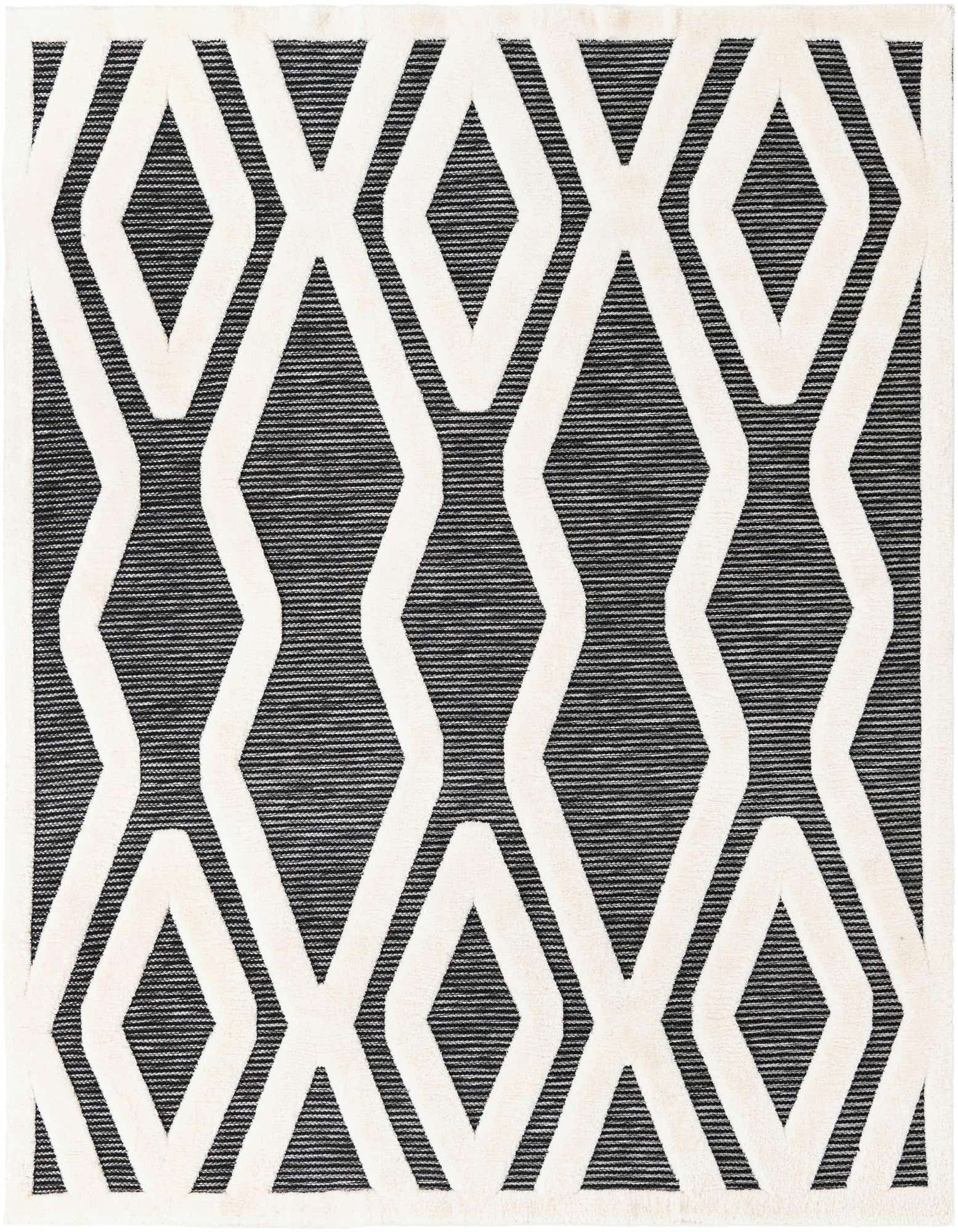 A 7' 10 x 7' 10 square gray and white rug with a bold geometric diamond pattern, featuring a textured pile.