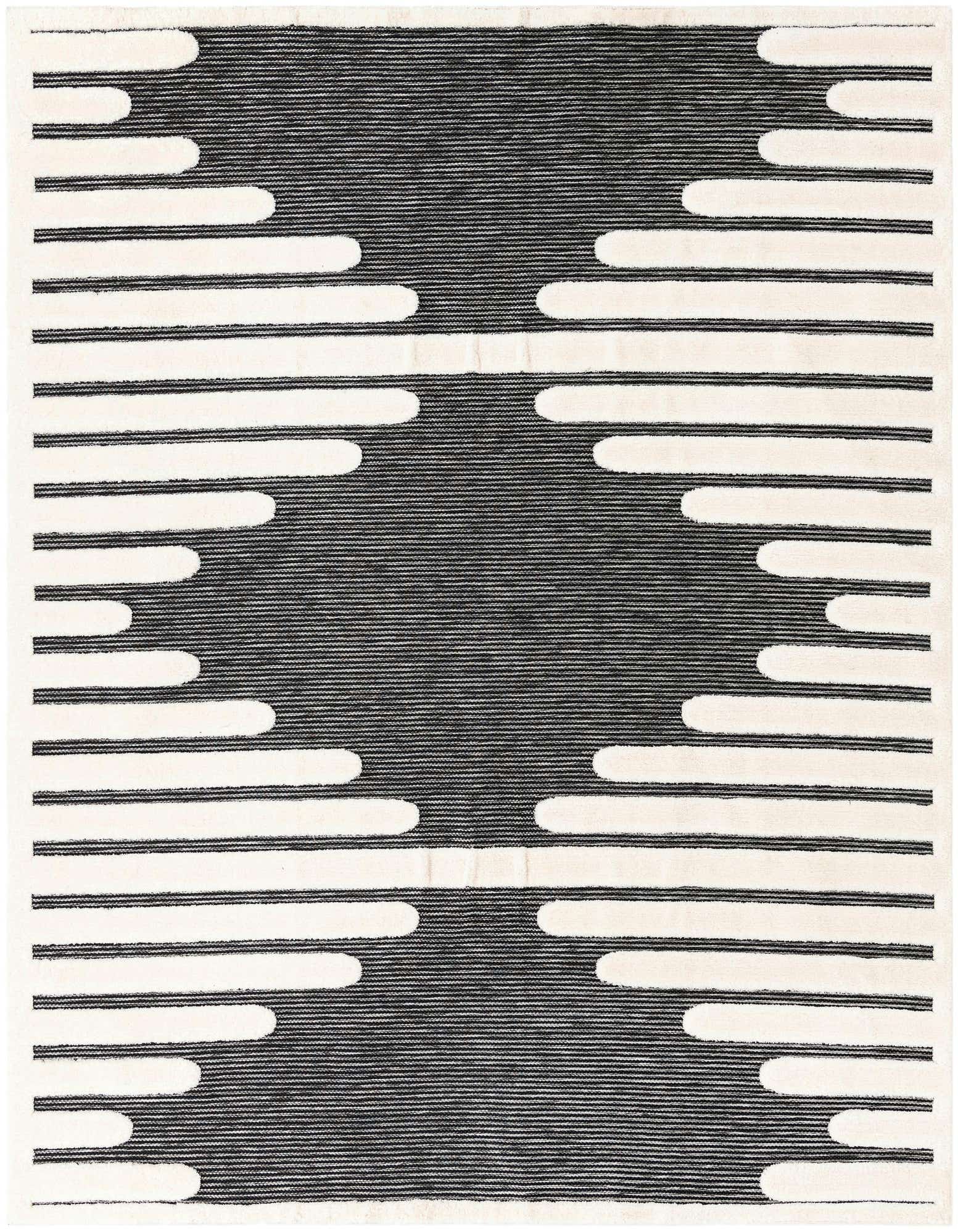 A 10'x10' square gray and off-white area rug with a modern abstract striped pattern, ideal for a living room.