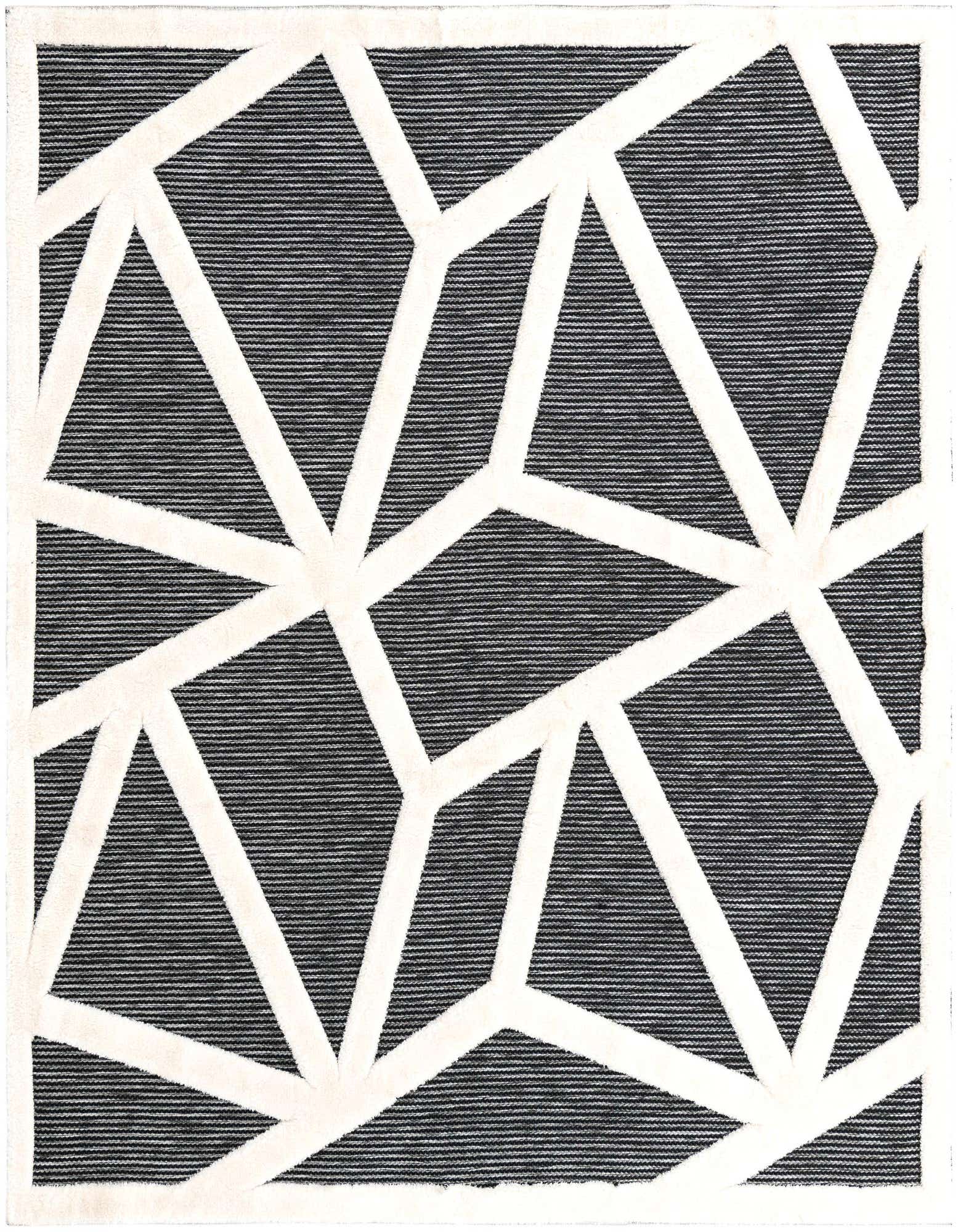 A square gray and white rug with a bold, modern geometric pattern, suitable for a living room or patio.