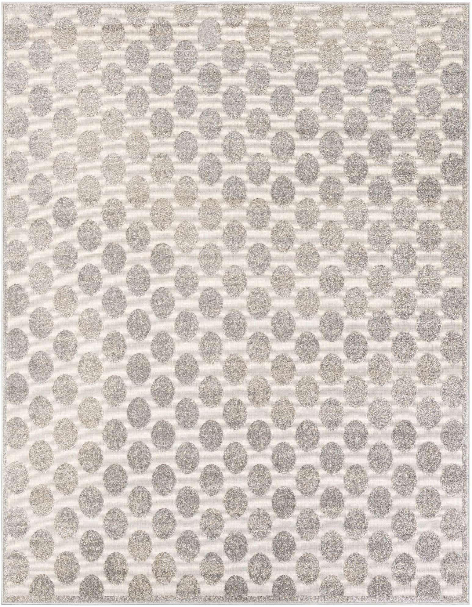 A 7' 10 x 7' 10 square gray modern indoor/outdoor rug with a repeating polka dot pattern on a light background, suitable for a patio.