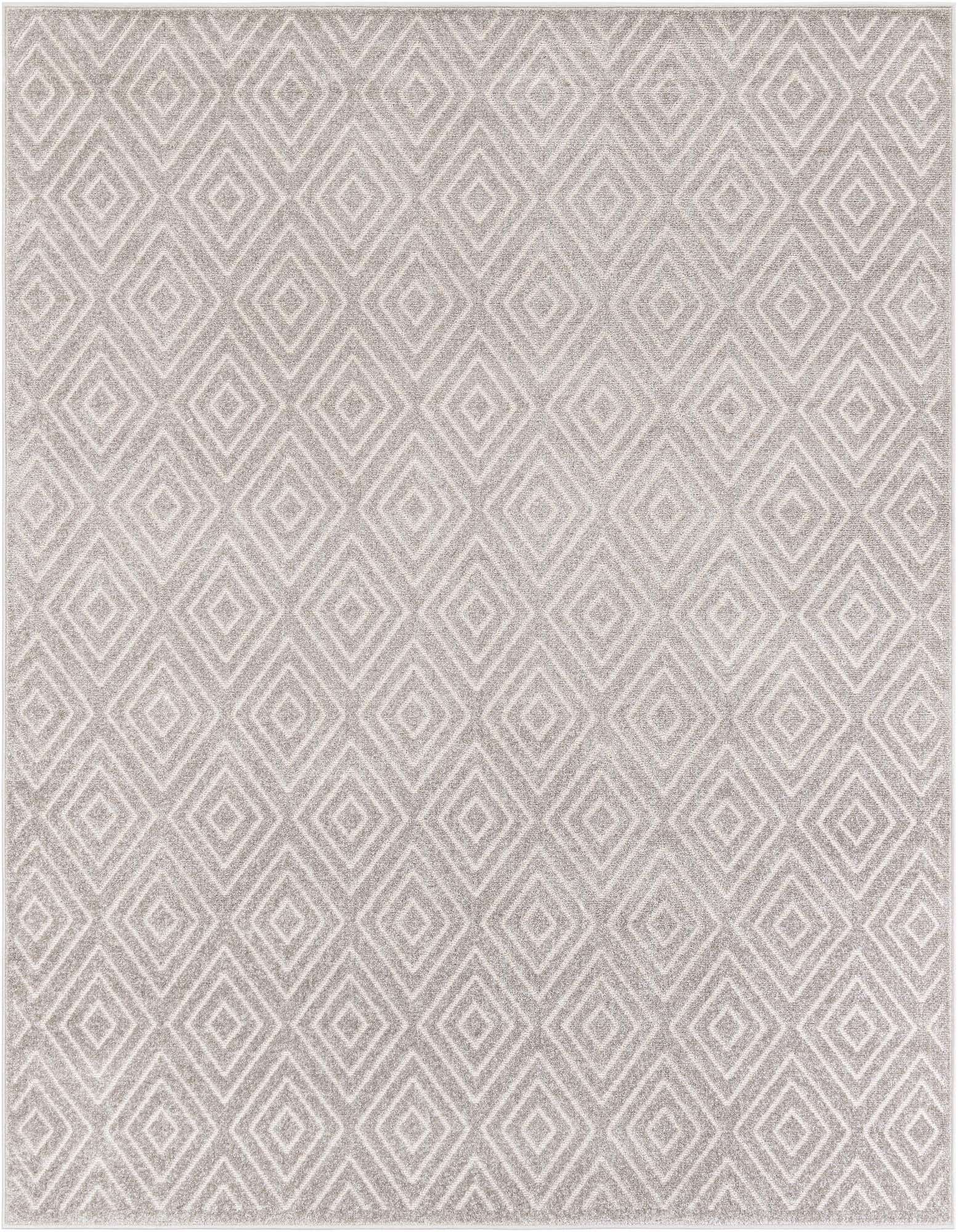 A 7' 10" x 7' 10" square gray modern outdoor rug with a repeating diamond pattern.