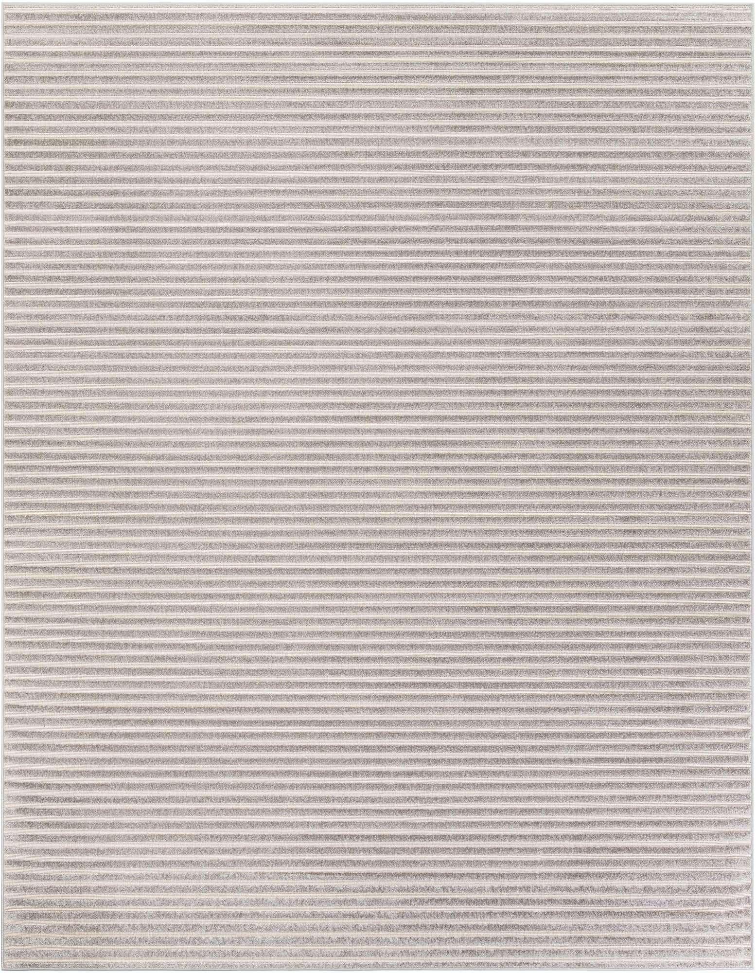 A 10'x10' square gray modern striped indoor/outdoor rug with a textured pile, suitable for a patio.