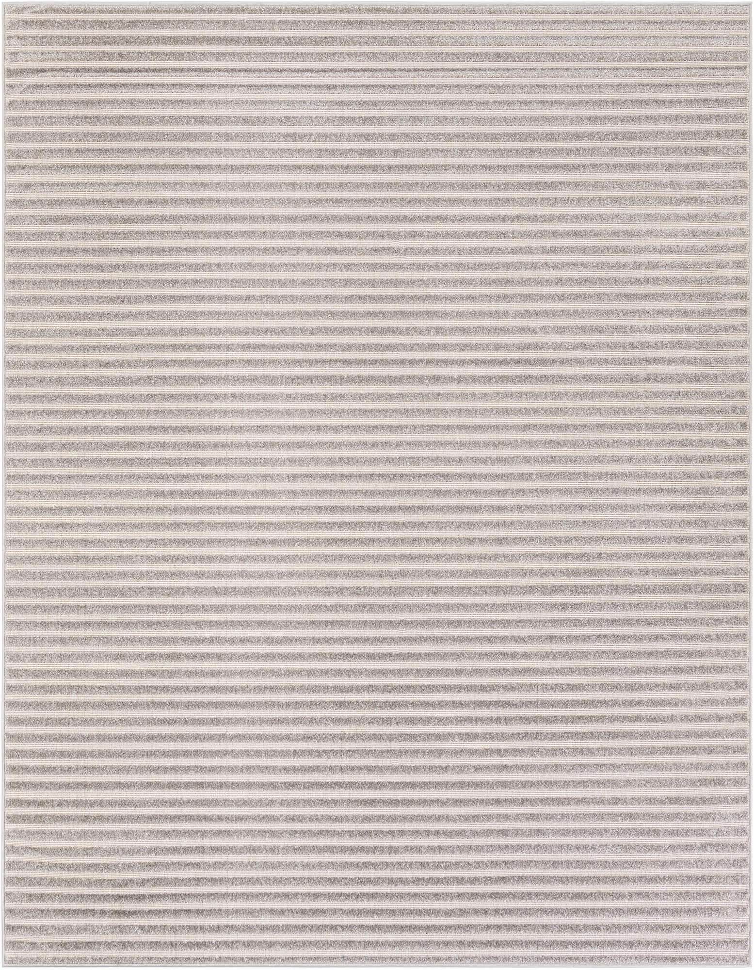 A 7' 10 x 7' 10 square gray modern striped indoor/outdoor rug with a textured medium pile.