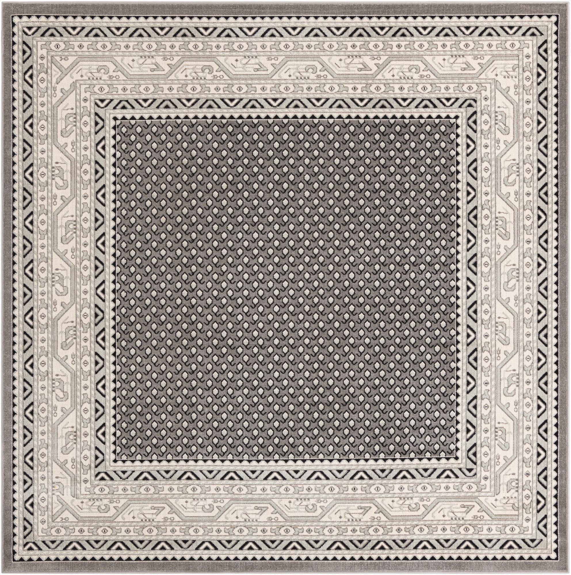 A 7' 10 x 7' 10 square gray area rug with a dark gray center featuring a subtle geometric pattern, framed by a light gray border with intricate tribal and Southwestern motifs.