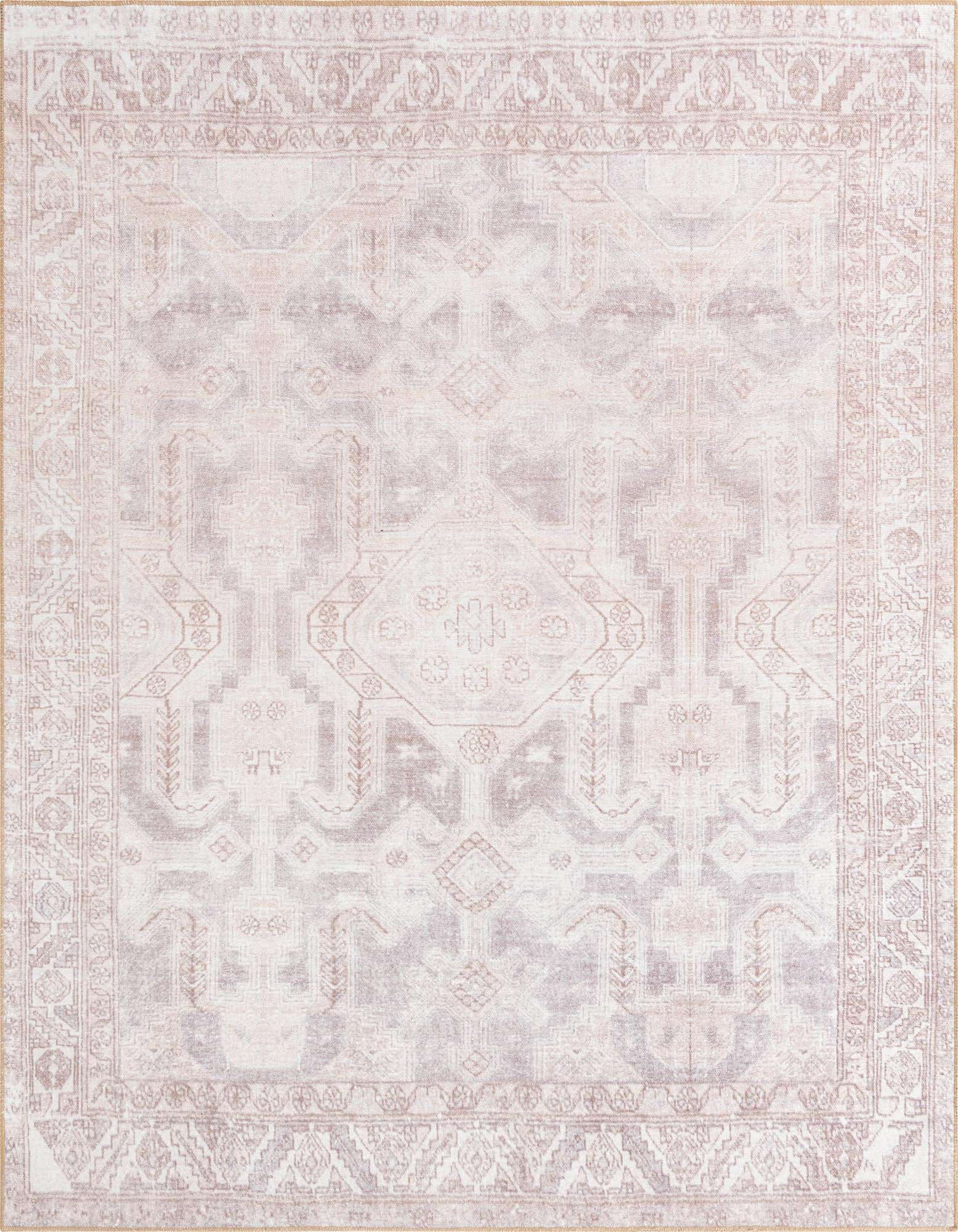 A 7' 6 x 7' 6 square gray area rug with a faded, vintage-inspired medallion and border pattern.