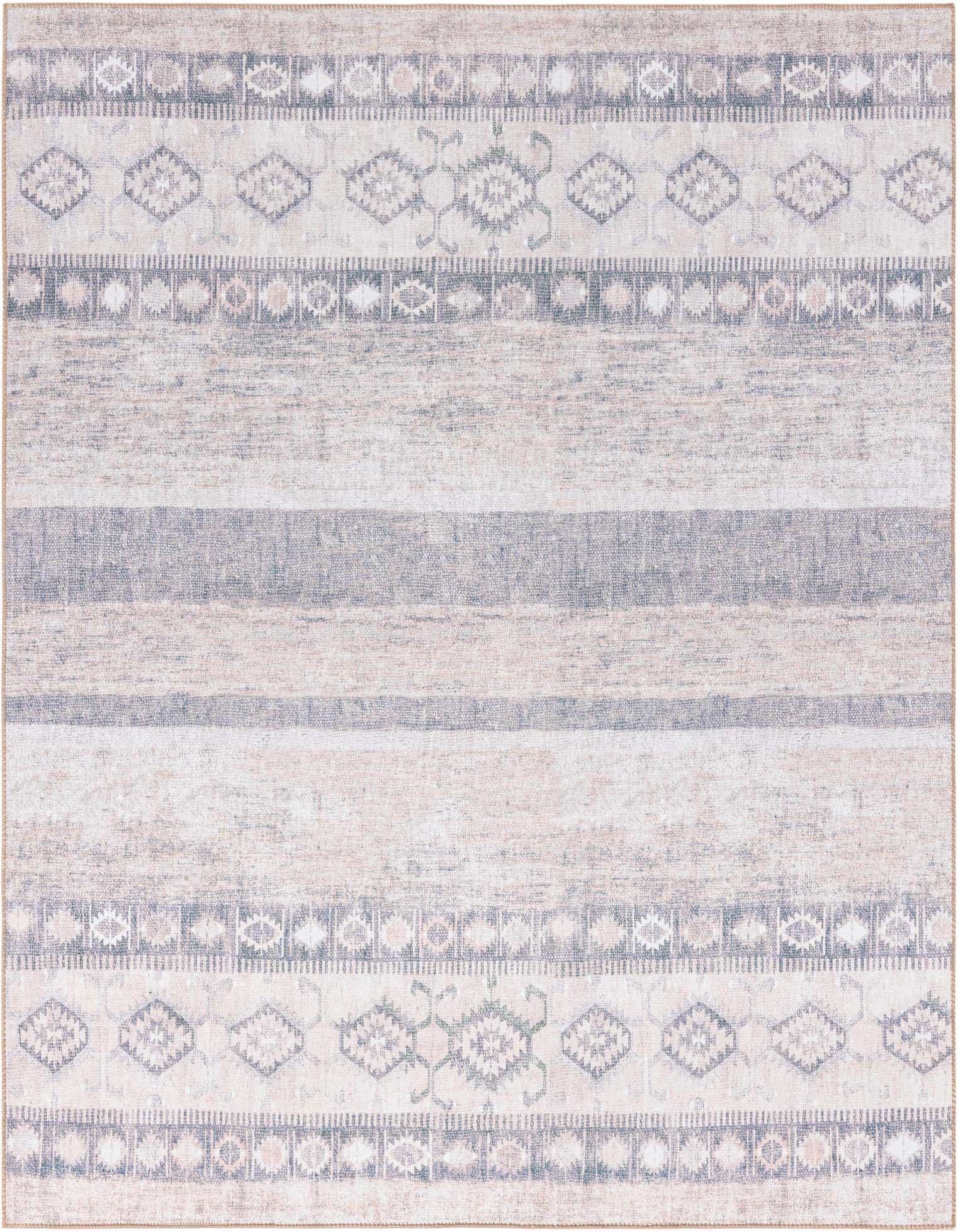 A 7' 6 x 7' 6 square gray area rug with a transitional tribal stripe pattern and textured flatweave pile.