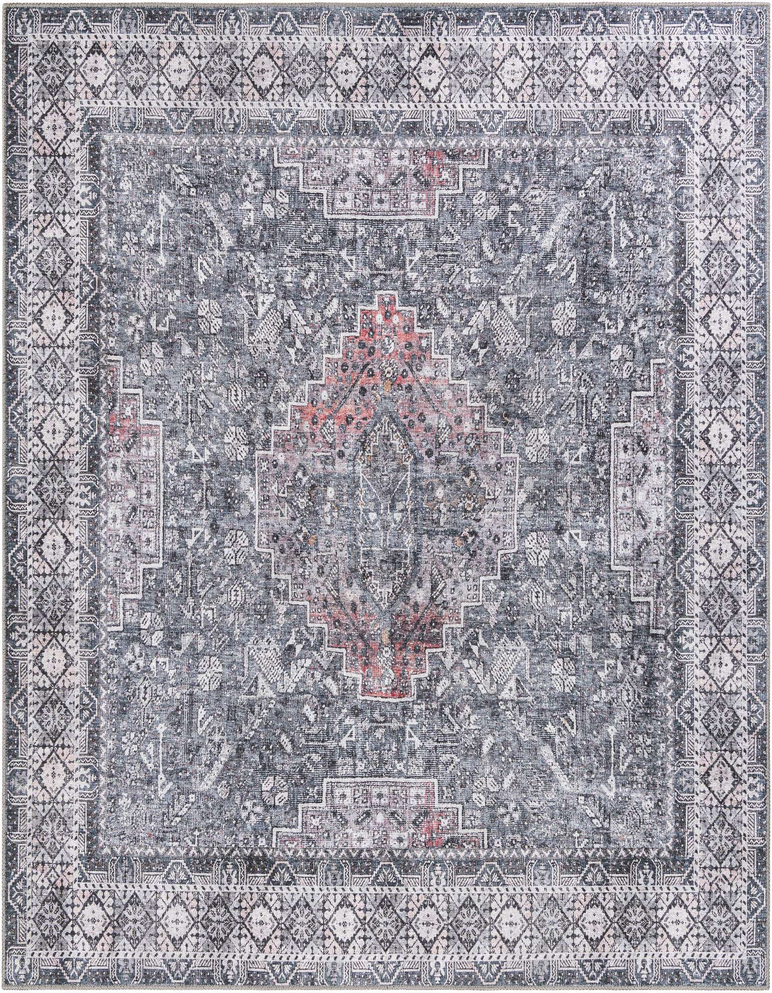 A square 7' 10 x 7' 10 gray traditional rug with an elaborate medallion pattern and subtle rust accents.