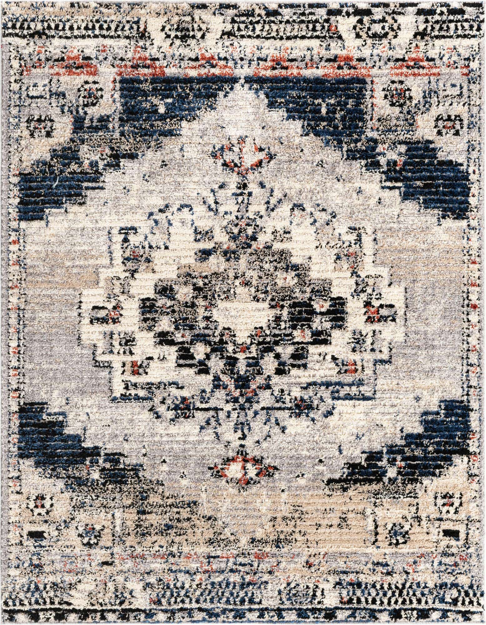 A square 6' x 6' Tucson Southwestern shag rug in grays, silvers, and hints of navy and rust, featuring a distressed vintage medallion pattern.