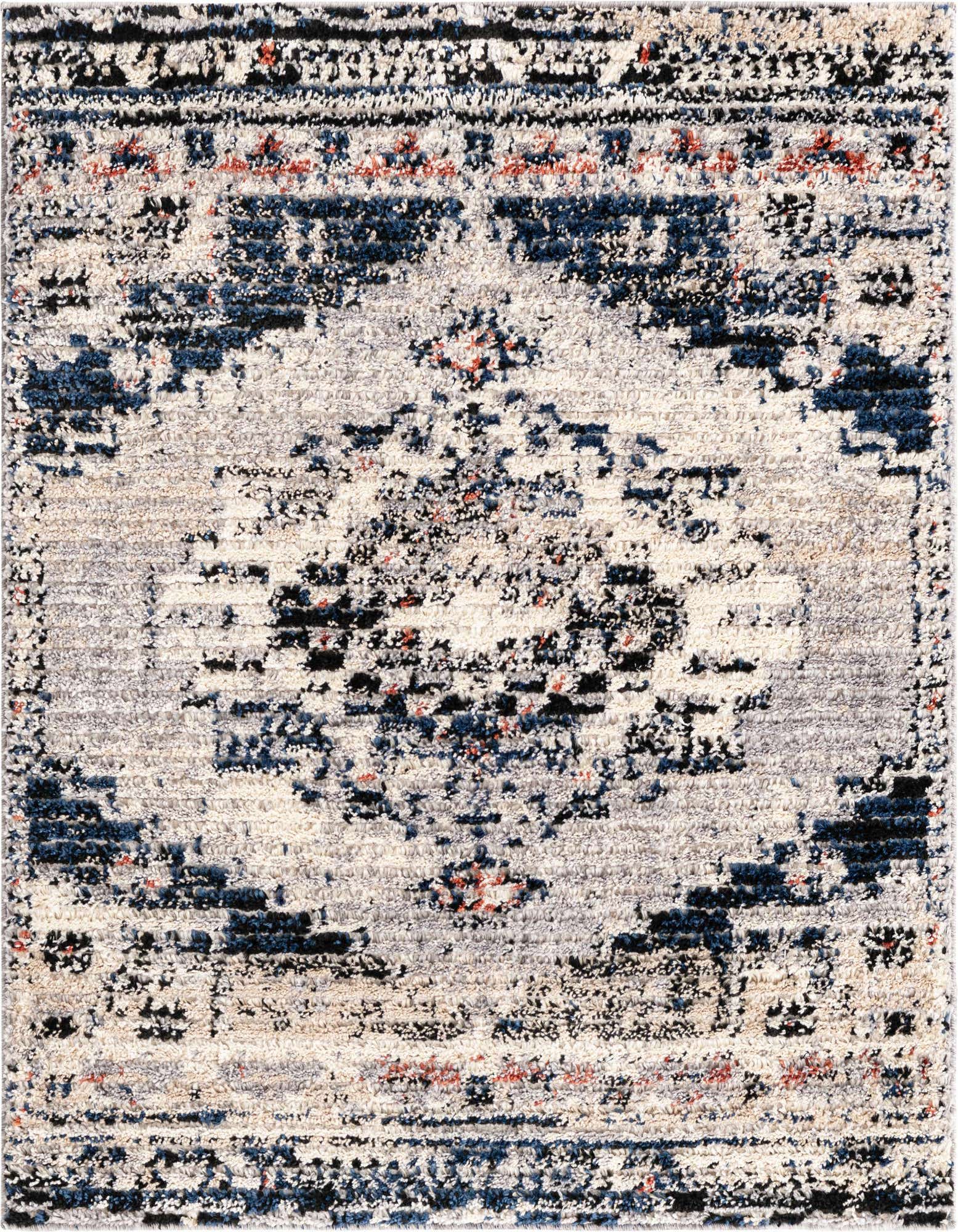 A 4x4 square gray Southwestern shag rug with a vintage medallion pattern and hints of blue and rust.
