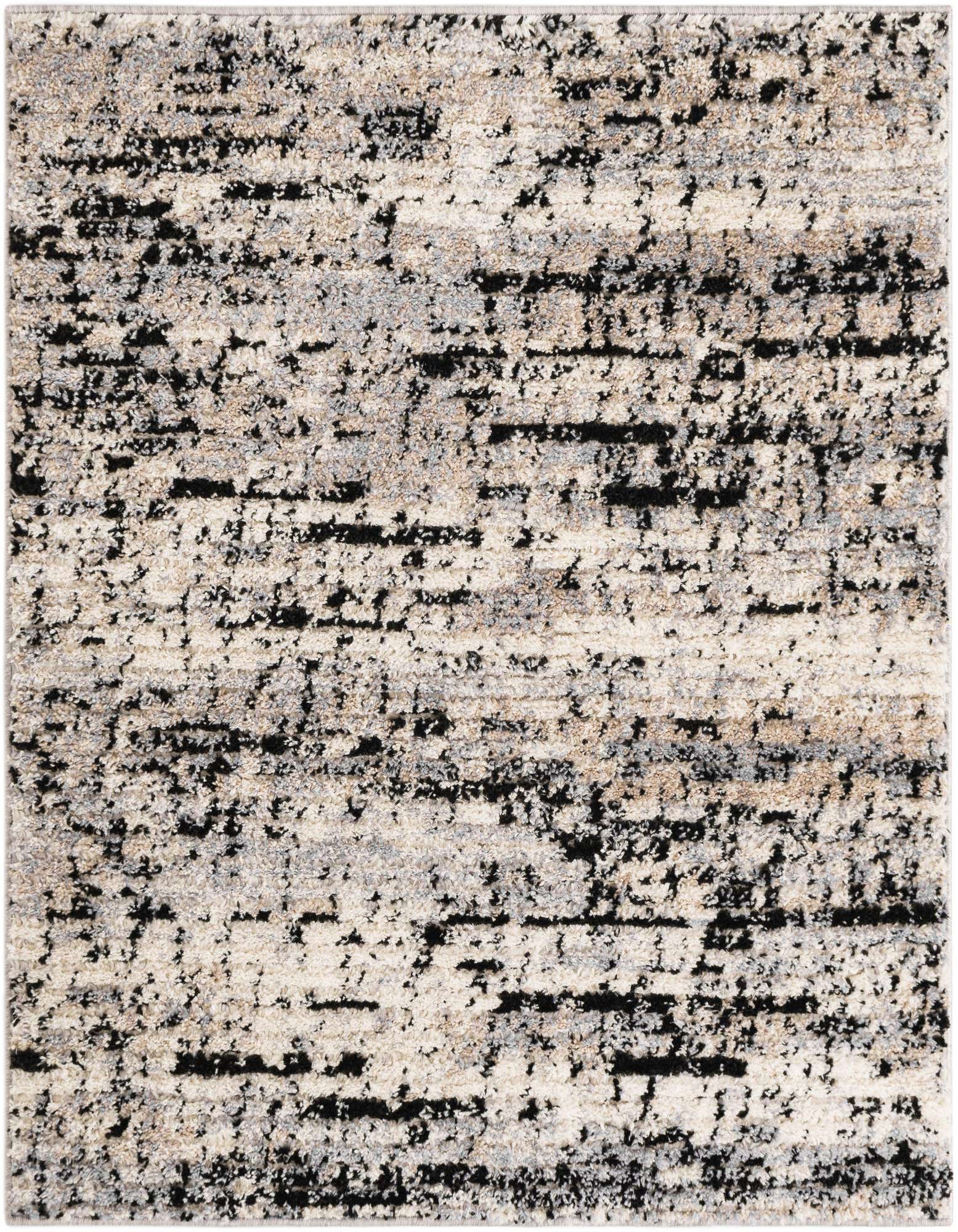 A 4'x4' square Tucson collection shag rug featuring a modern Southwestern stripe pattern in grays, silvers, and black.