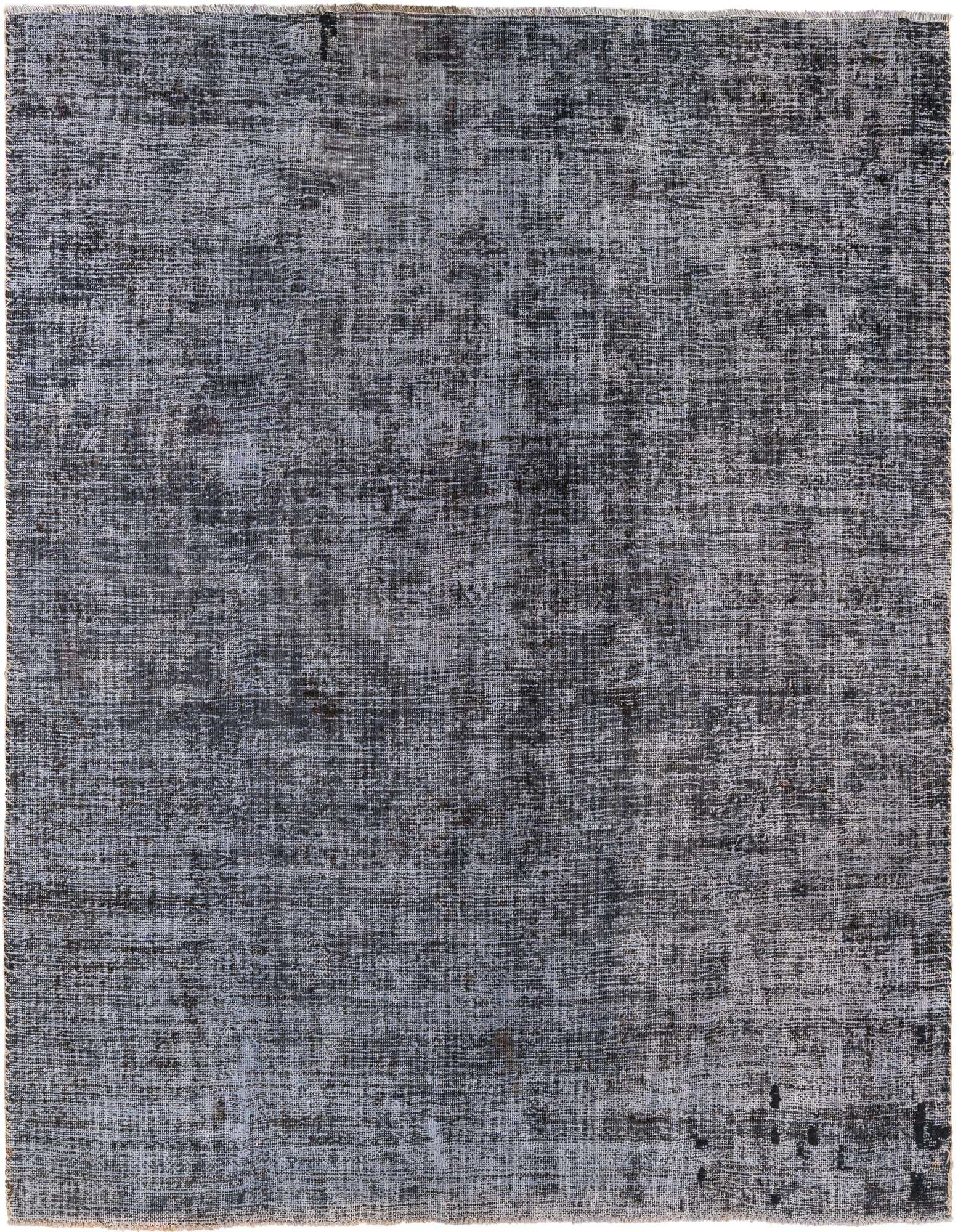 A 6' 9 x 7' 6 square gray and silver wool rug with a distressed Persian-inspired medallion pattern.