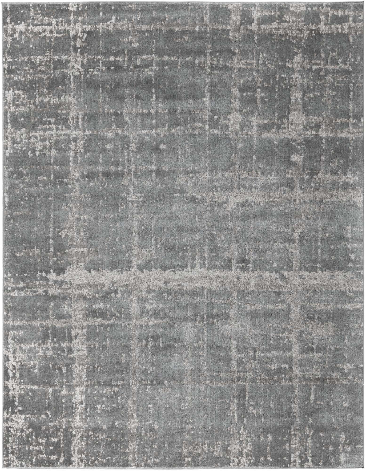 A square 7' 10 x 7' 10 gray area rug with a distressed modern stripe pattern and subtle silver accents.