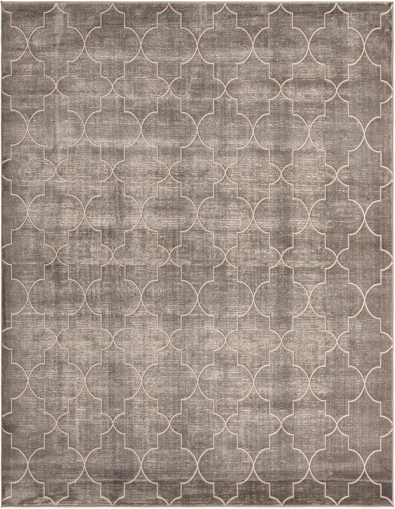 A 7' 10 x 7' 10 square gray rug with a subtle off-white modern quatrefoil pattern.