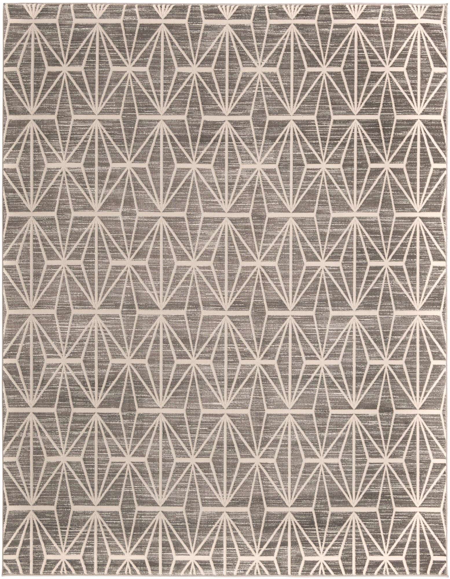 A 7' 10 x 7' 10 square gray area rug with a repeating modern geometric diamond pattern in light silver, suitable for an indoor living space.