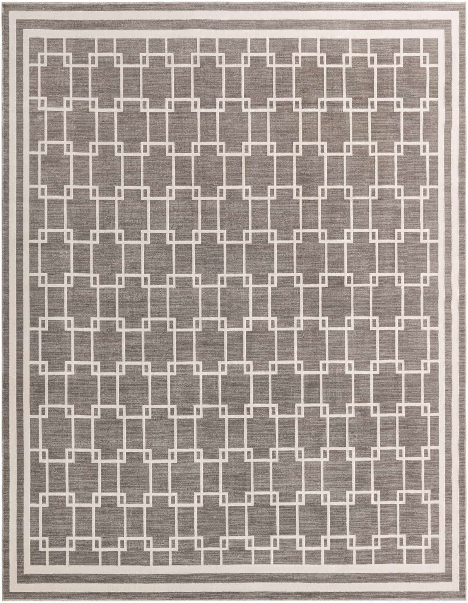 A 10'x10' square gray modern area rug with a repeating white geometric square pattern and a triple-line border.