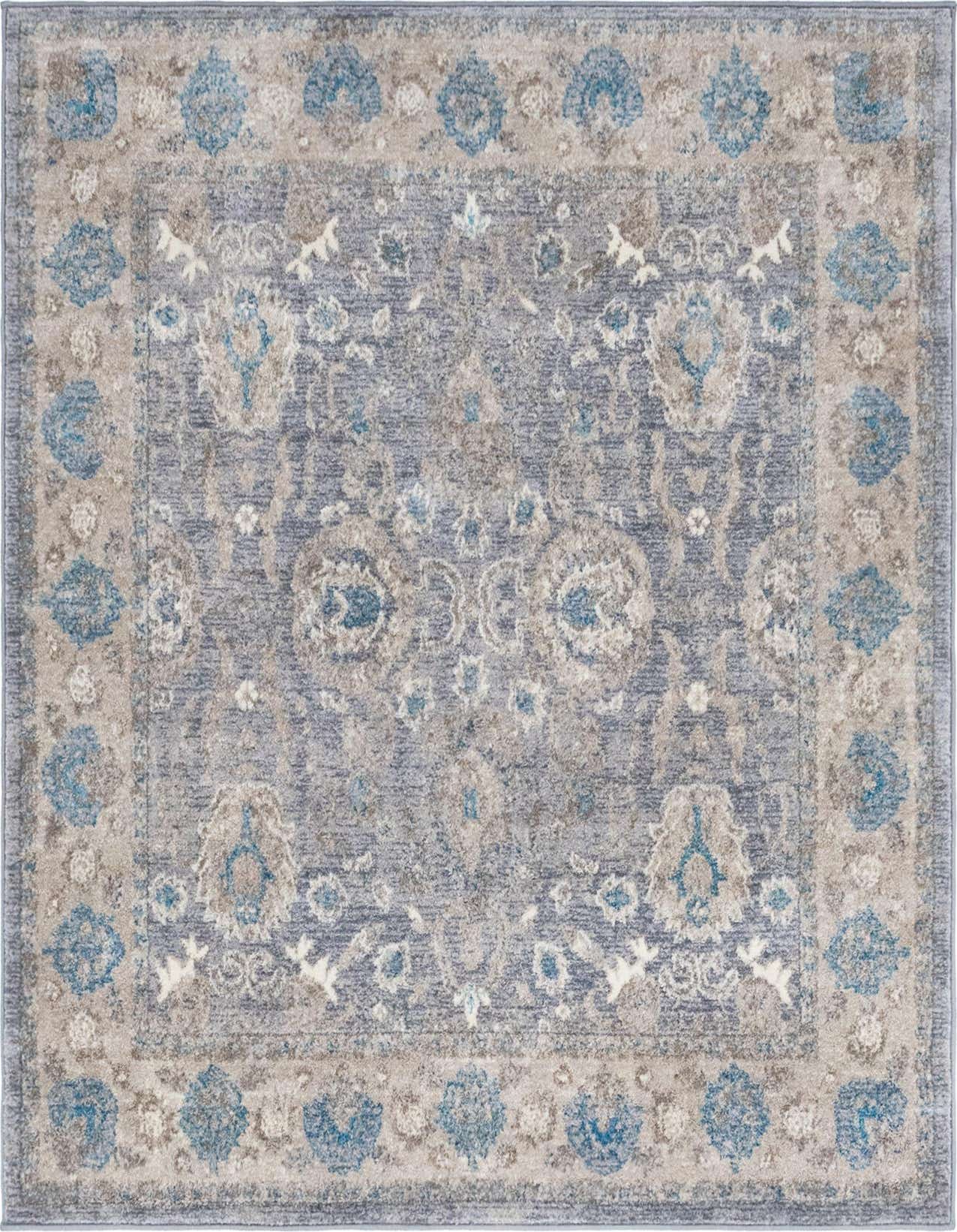A 5'x5' square gray and silver traditional area rug with a vintage floral and botanical pattern.