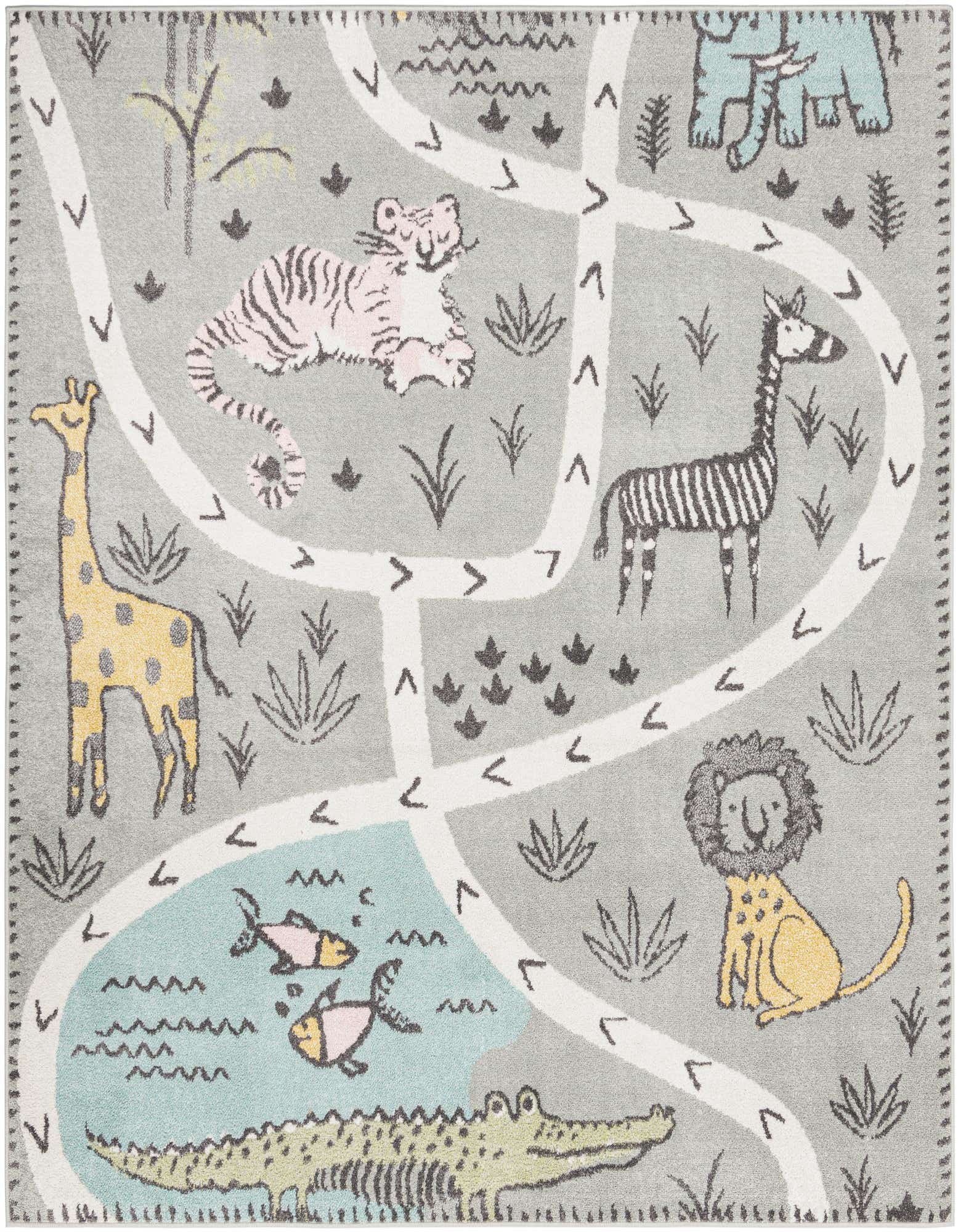 A gray square rug with a playful safari animal design, featuring a giraffe, tiger, zebra, lion, elephant, crocodile, and fish, perfect for a child's room.