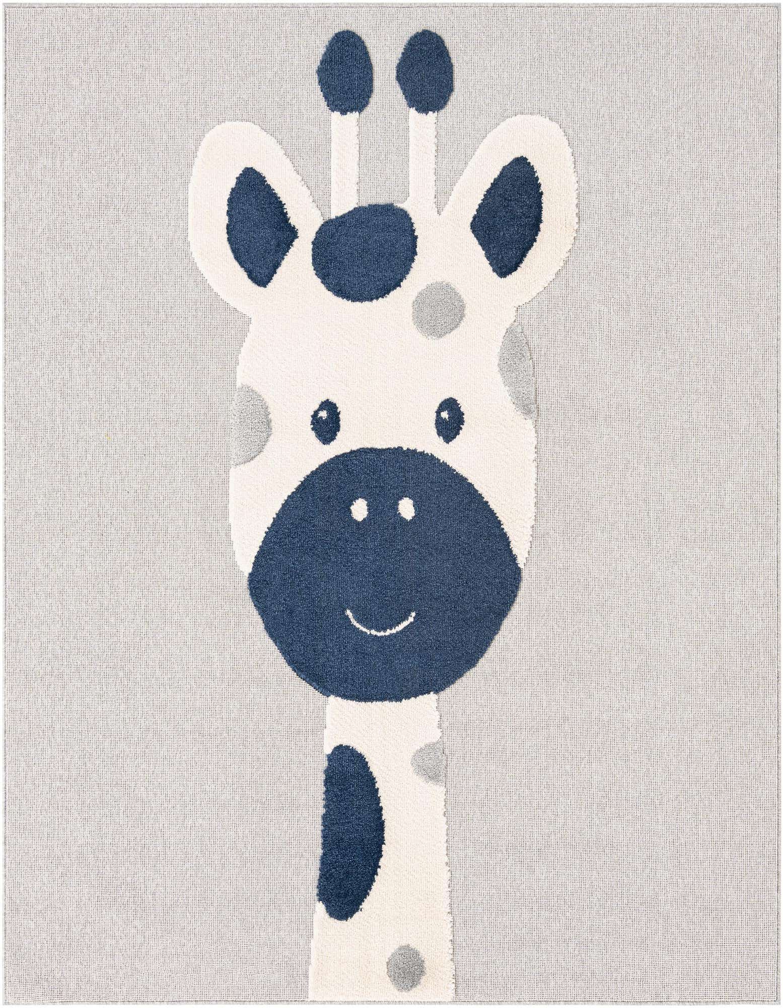 A square gray rug featuring a large, friendly white giraffe head with navy blue and light gray spots, eyes, and a smiling mouth.