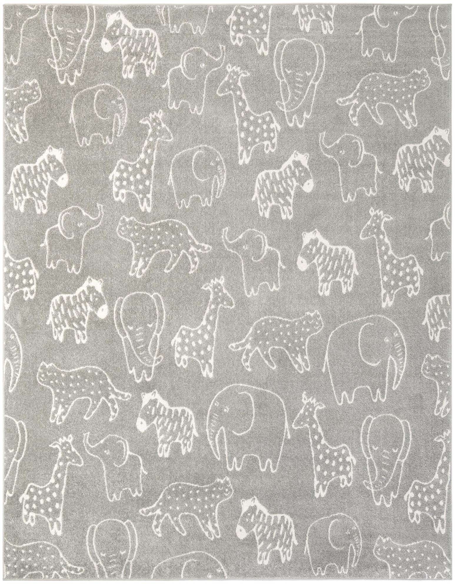 A gray square rug with a playful pattern of white outline animals including elephants, giraffes, and zebras, perfect for a child's room.