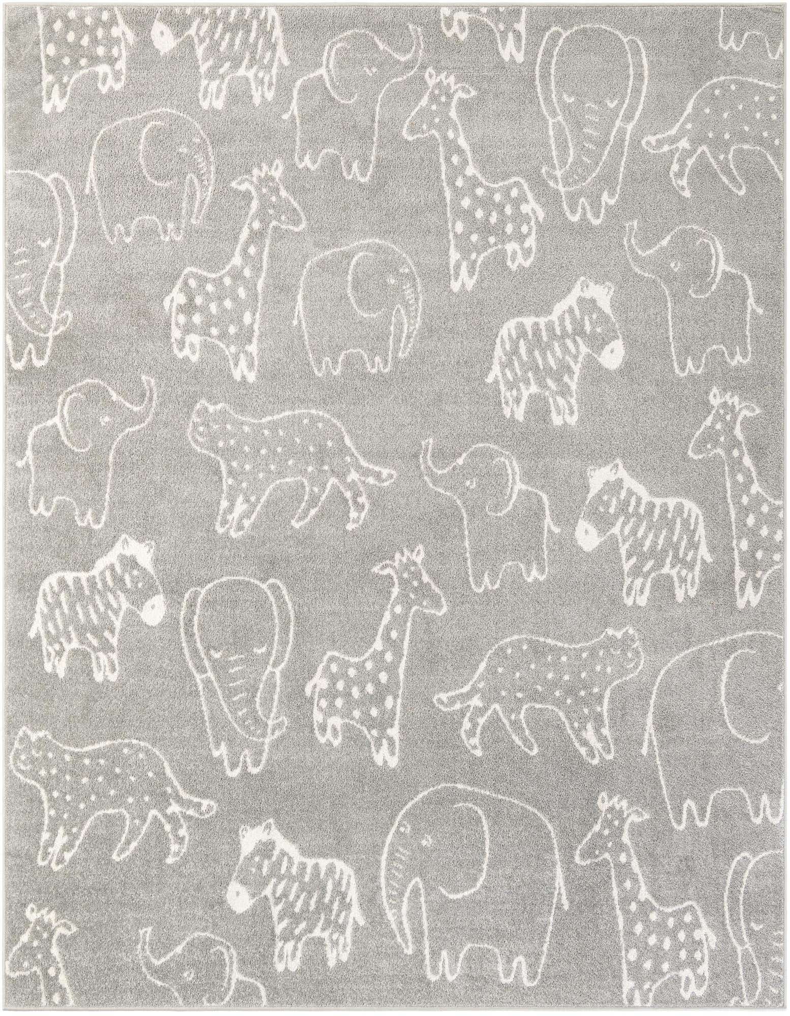 A gray square rug featuring a playful pattern of white outline safari animals like elephants, giraffes, and zebras.
