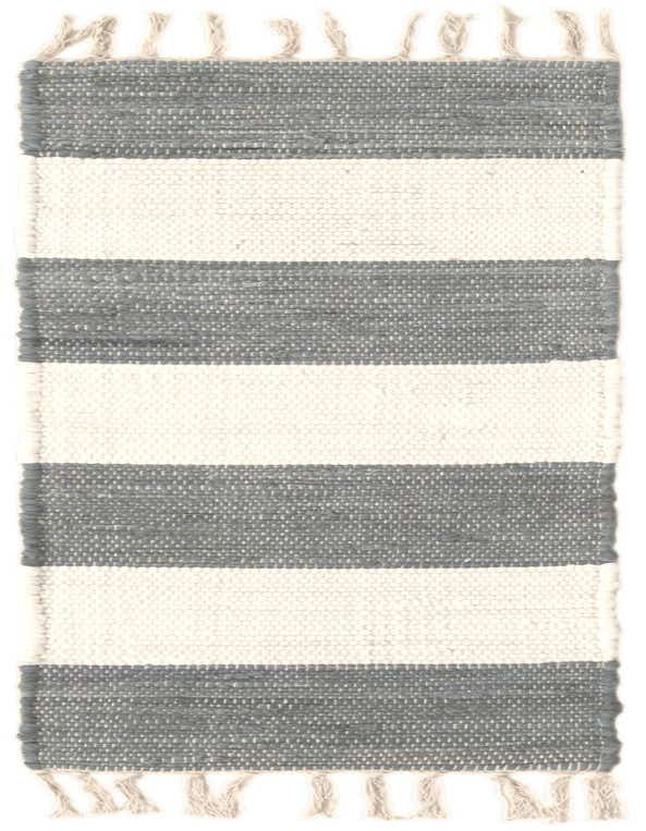 A 1' 2 x 4' 1 Chindi Rag runner rug featuring wide gray and off-white horizontal stripes with fringed ends.